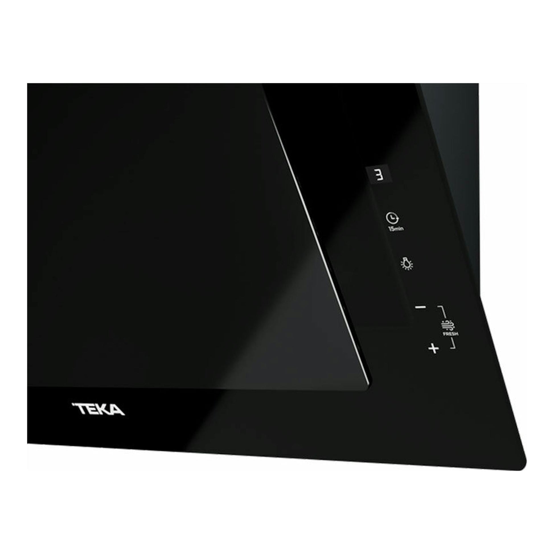 Campana decorativa Teka DVT 98660 TBS negra, vista frontal inclinada con panel táctil.