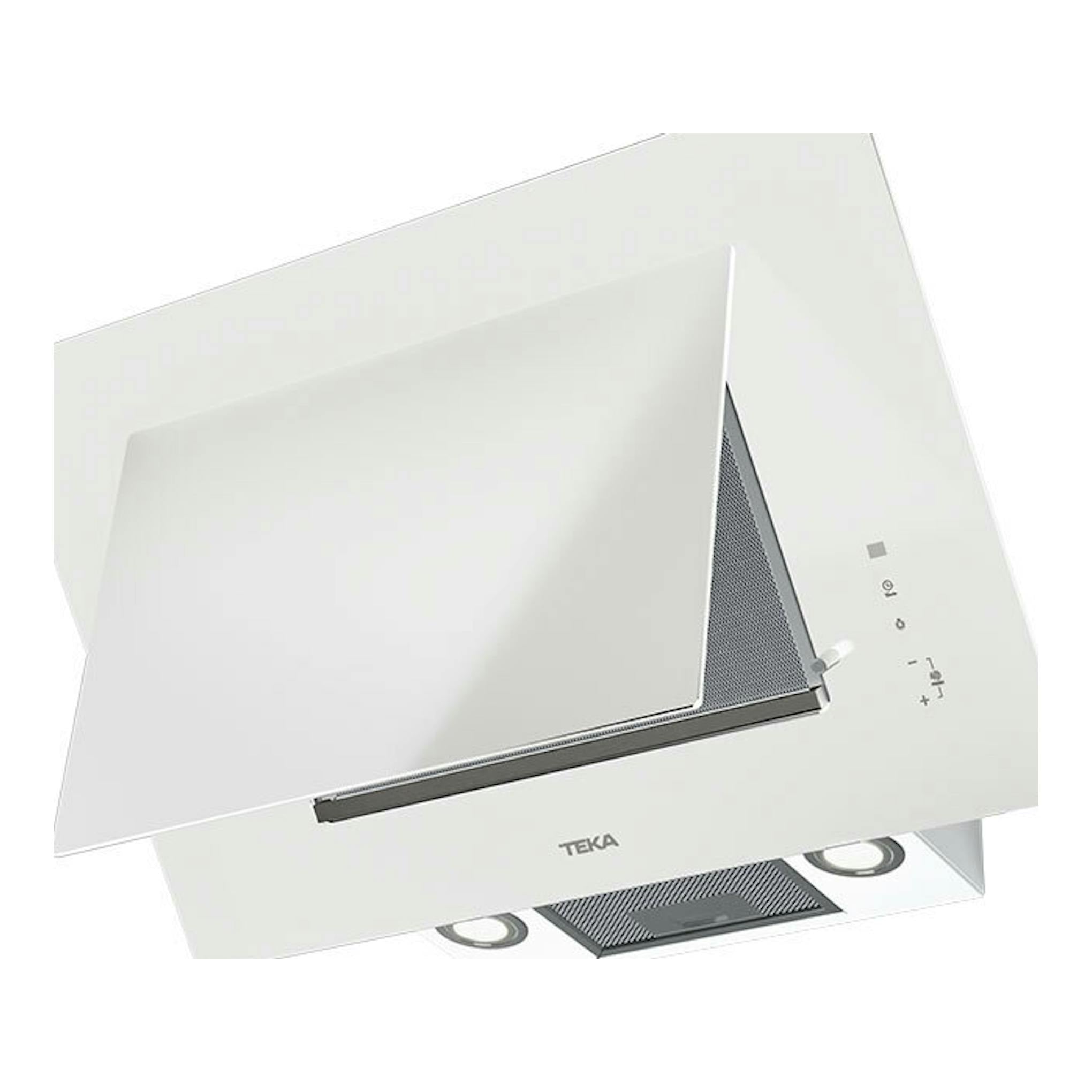 Campana decorativa Teka DVTPRO78780TCS de cristal blanco, vista frontal inclinada.
