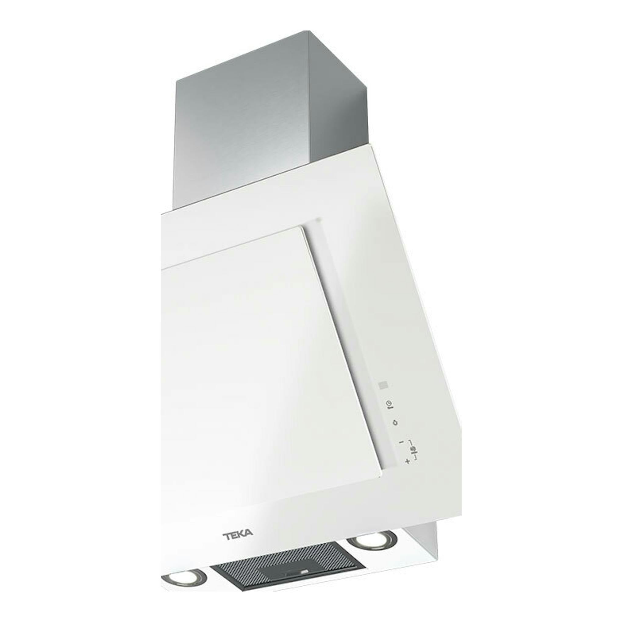 Campana extractora Teka DVTPRO78780TCS de cristal blanco, vista frontal inclinada.