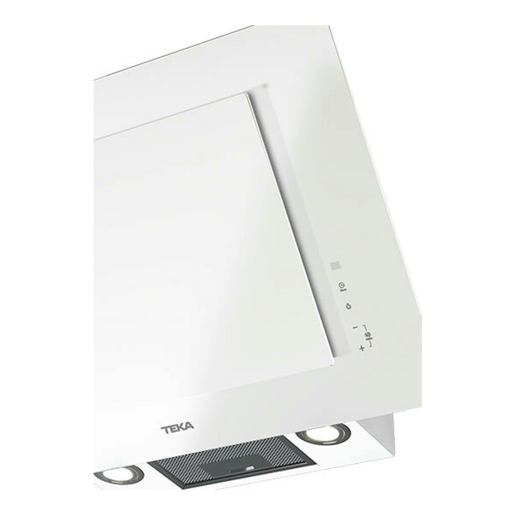 Campana decorativa Teka DVTPRO78780TCS blanca, vista frontal inclinada con panel de cristal.