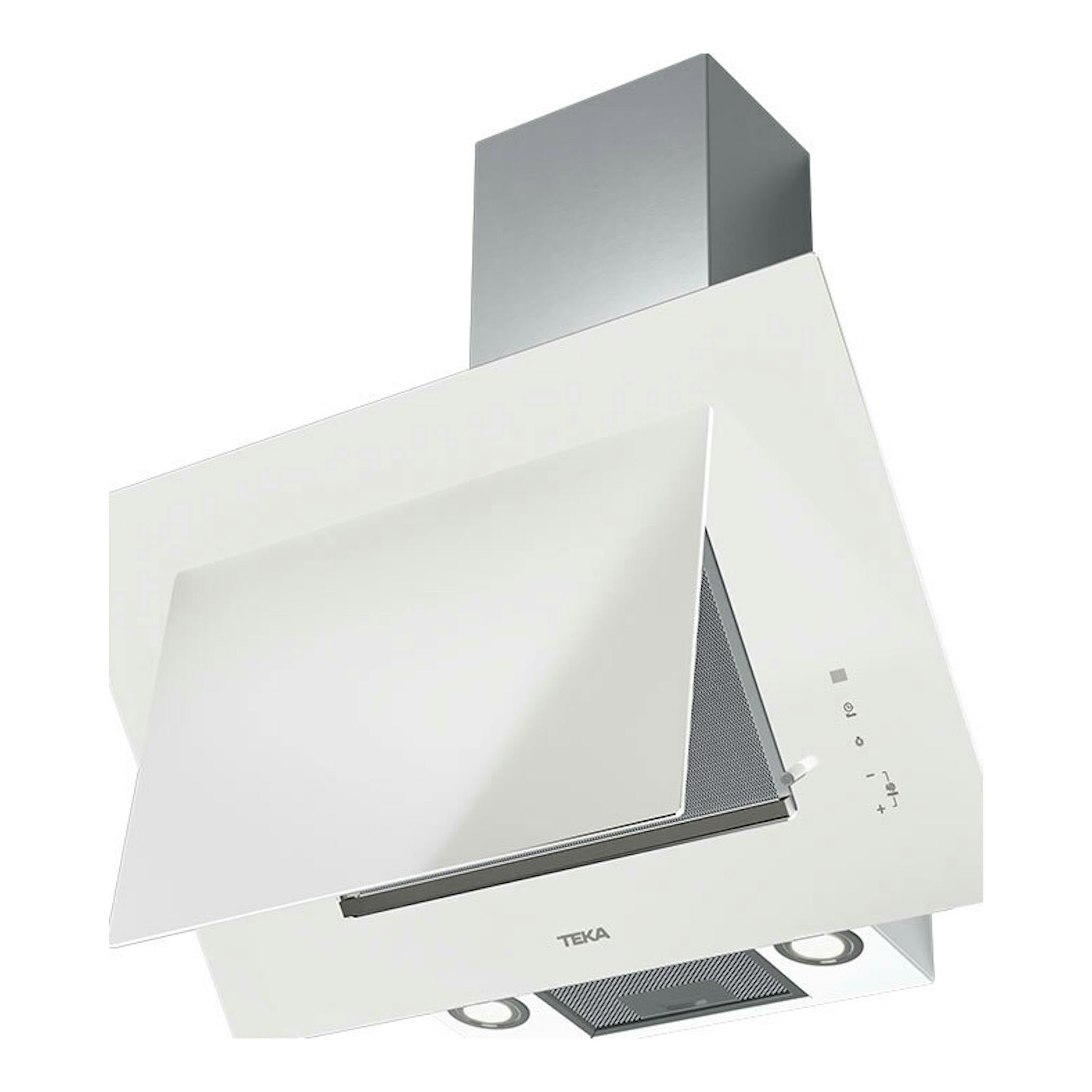 Campana decorativa Teka DVTPRO78780TCS de cristal blanco, vista frontal en ángulo con chimenea gris.