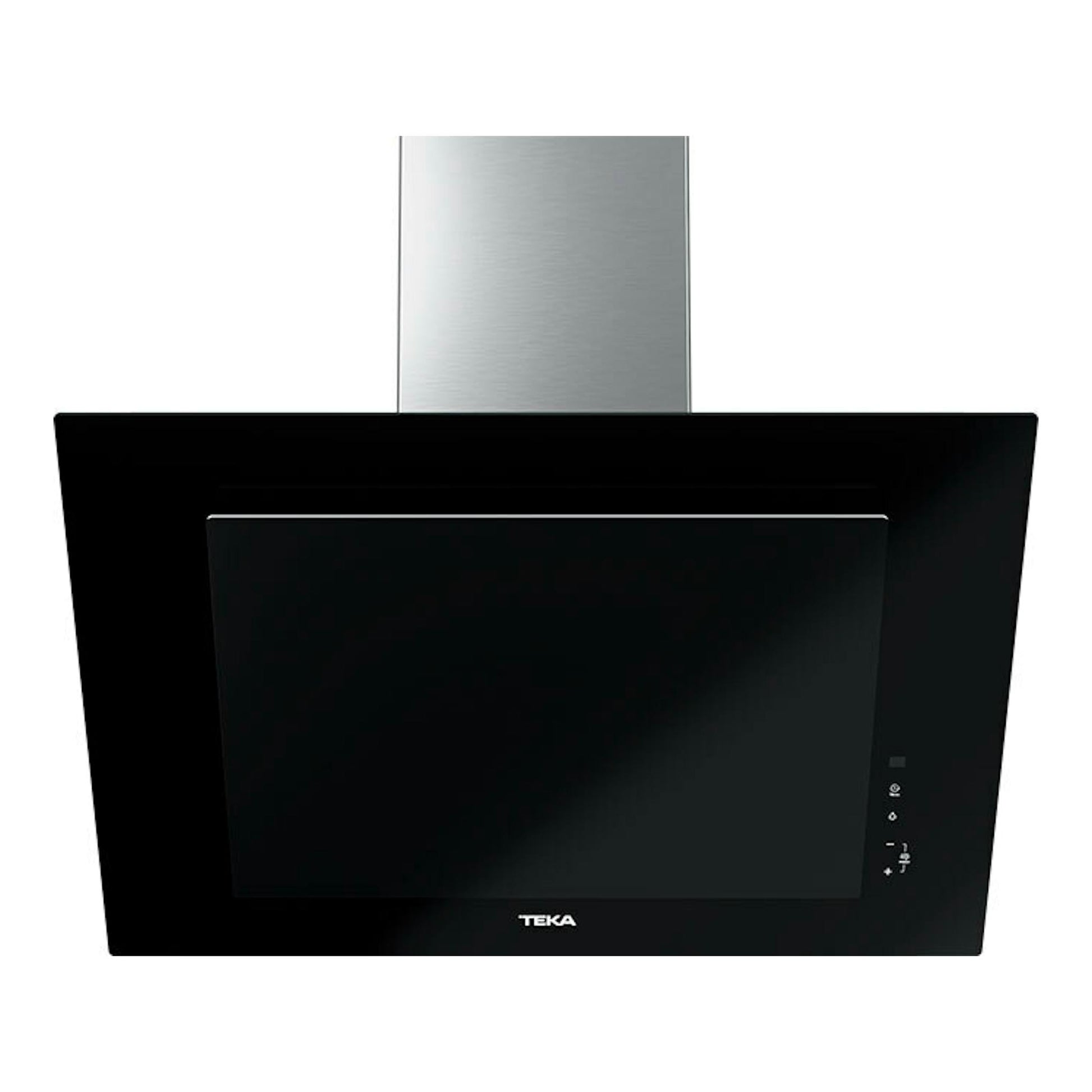 Campana decorativa Teka DVTPRO78780TCS, vista frontal, cristal negro con chimenea de acero inoxidable.