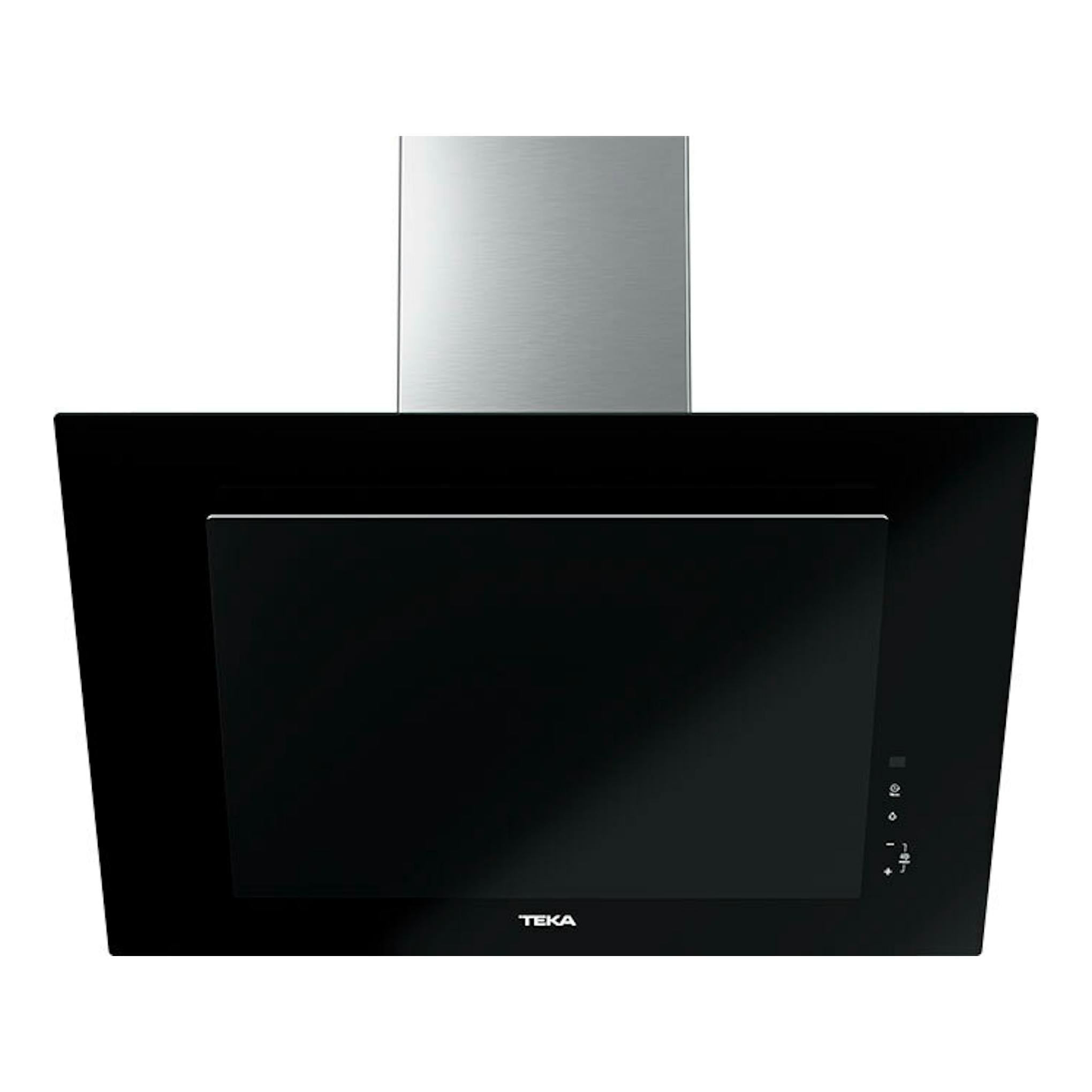 Campana decorativa Teka DVTPRO78780TCS, vista frontal, cristal negro con chimenea de acero inoxidable.