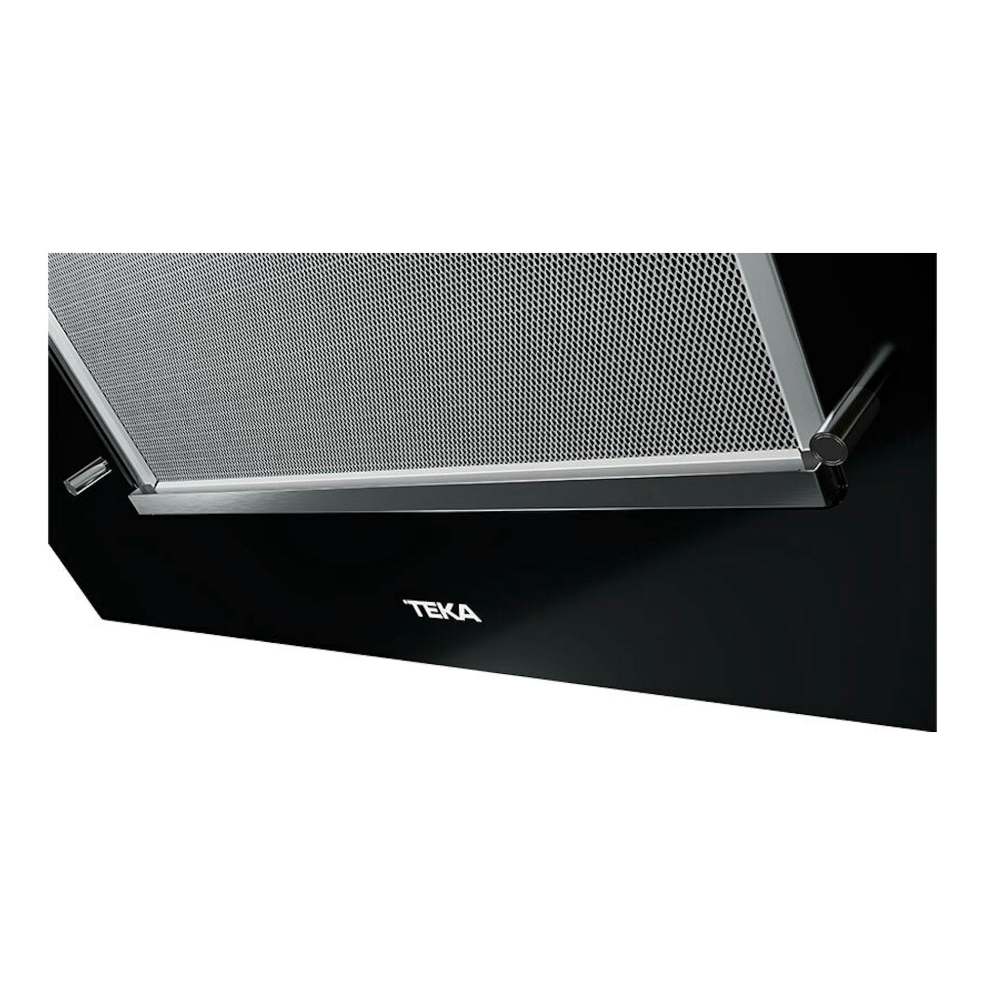Campana decorativa Teka DVTPRO78780TCS de cristal negro, vista en ángulo con filtro metálico.