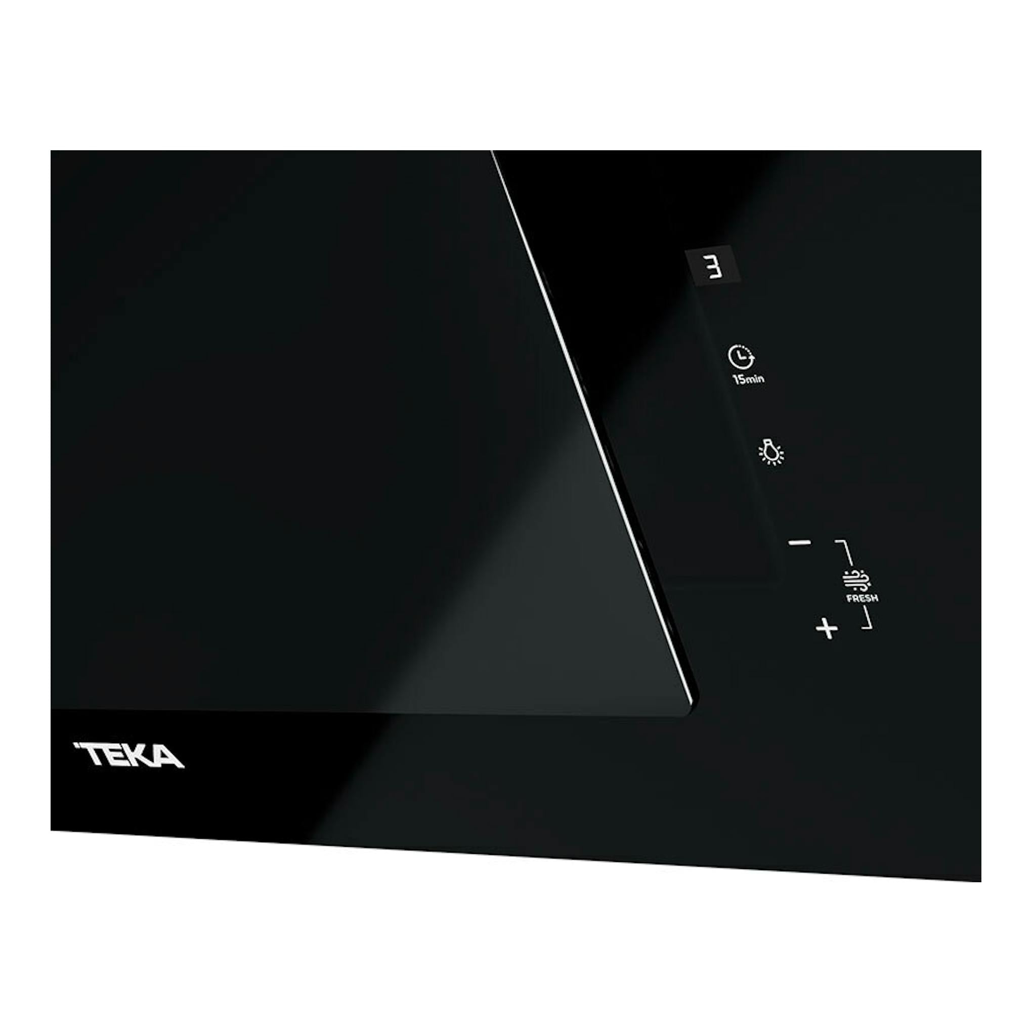 Campana decorativa Teka DVTPRO78780TCS de cristal negro, vista frontal parcial con panel táctil.
