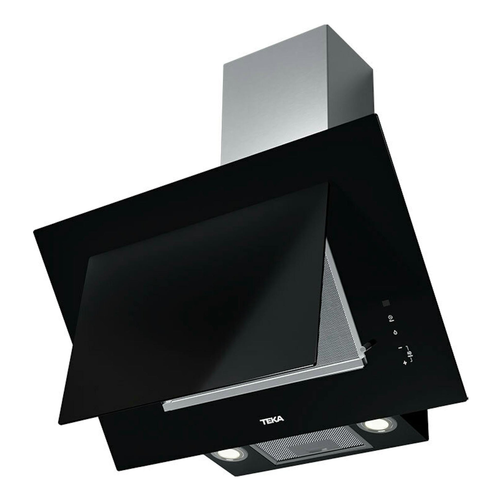 Campana decorativa Teka DVTPRO78780TCS de cristal negro, vista frontal en ángulo, con chimenea inox.