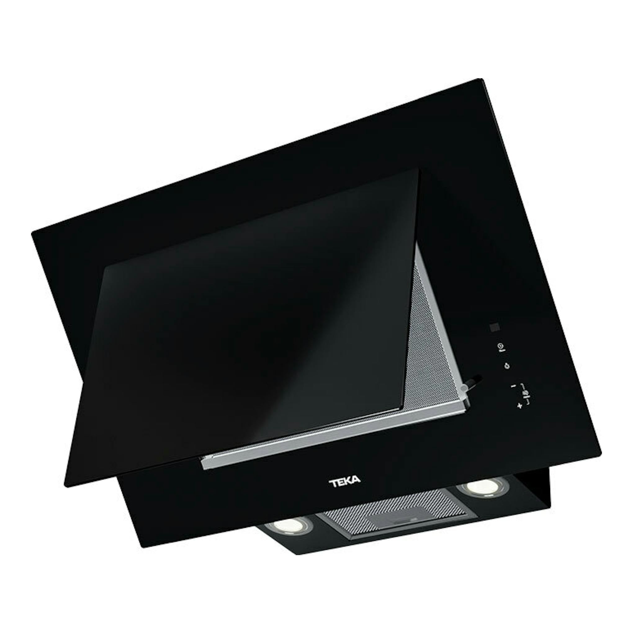 Campana decorativa Teka DVTPRO78780TCS de cristal negro, vista frontal en ángulo.