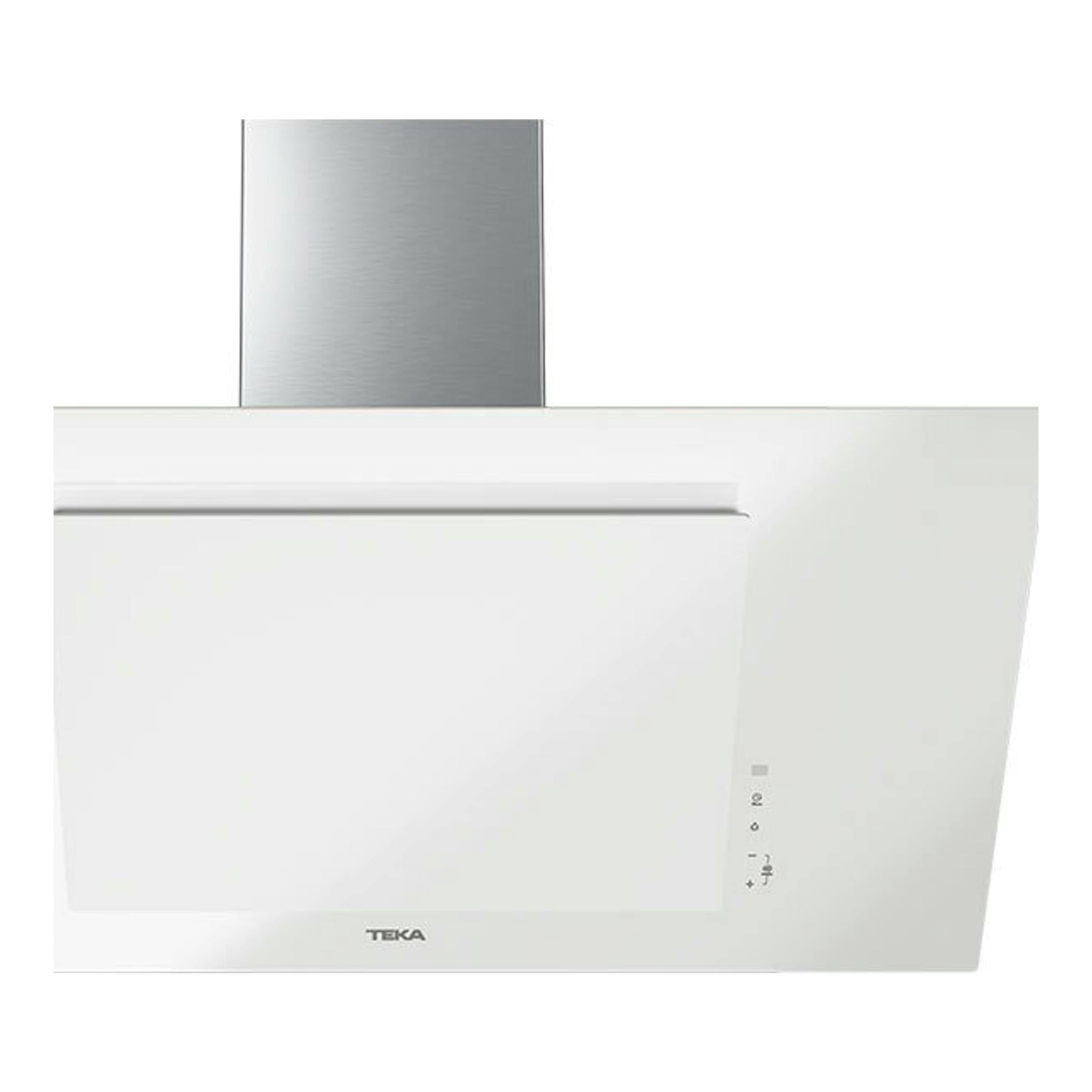Campana decorativa Teka DVTPRO98780TCS, vista frontal, cristal blanco con chimenea metálica.