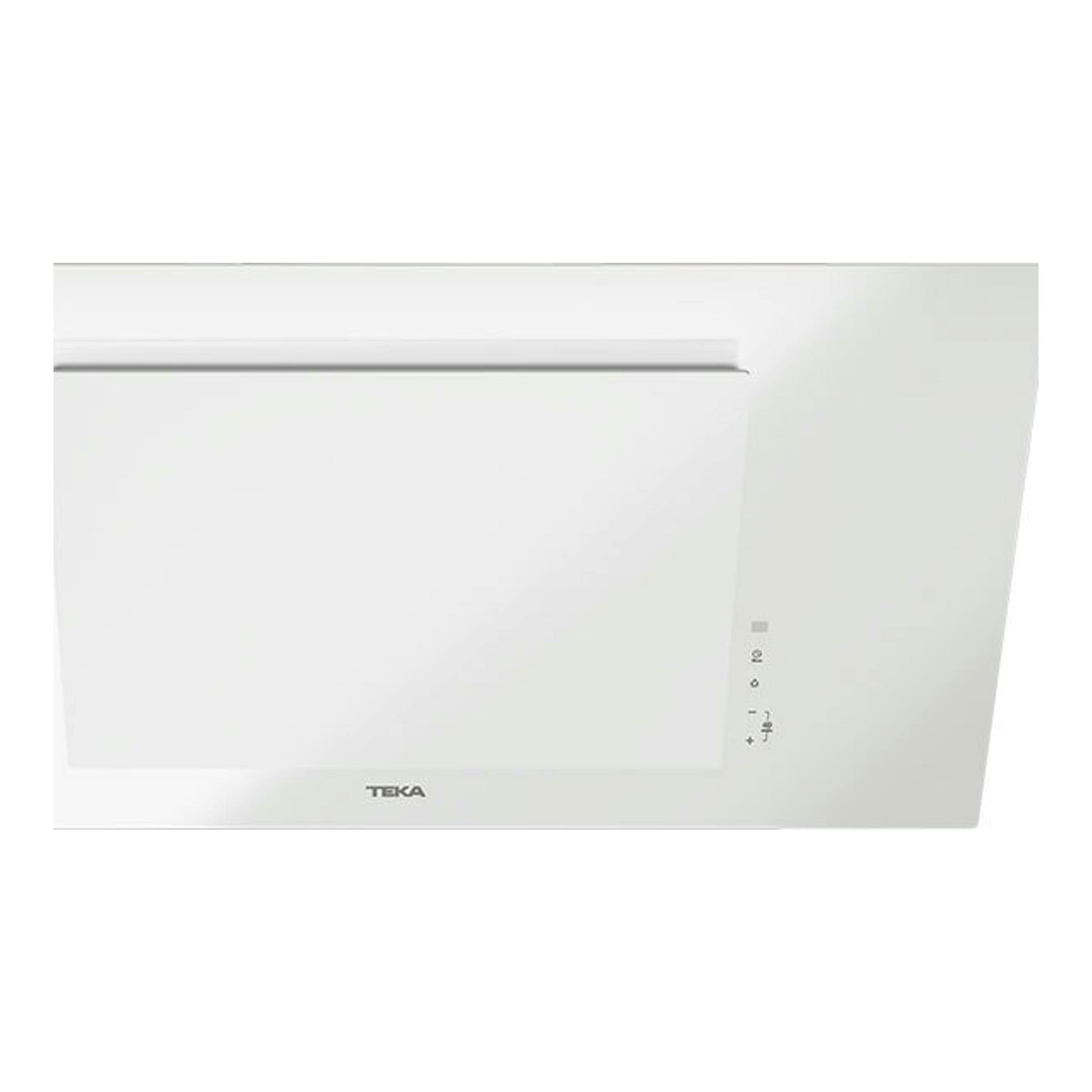 Campana decorativa Teka DVTPRO98780TCS blanca, vista frontal, con panel de cristal y mandos laterales.