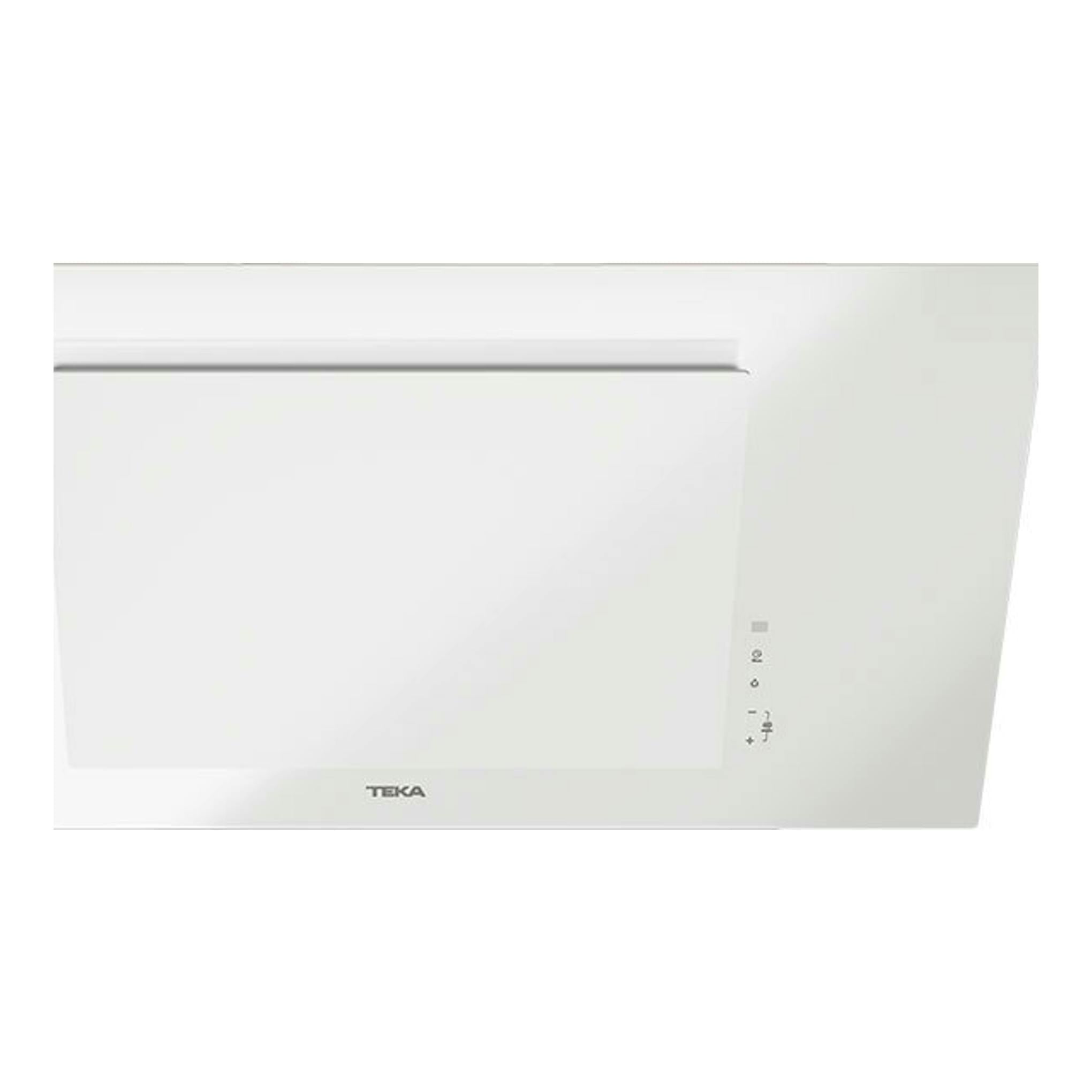 Campana decorativa Teka DVTPRO98780TCS blanca, vista frontal, con panel de cristal y mandos laterales.