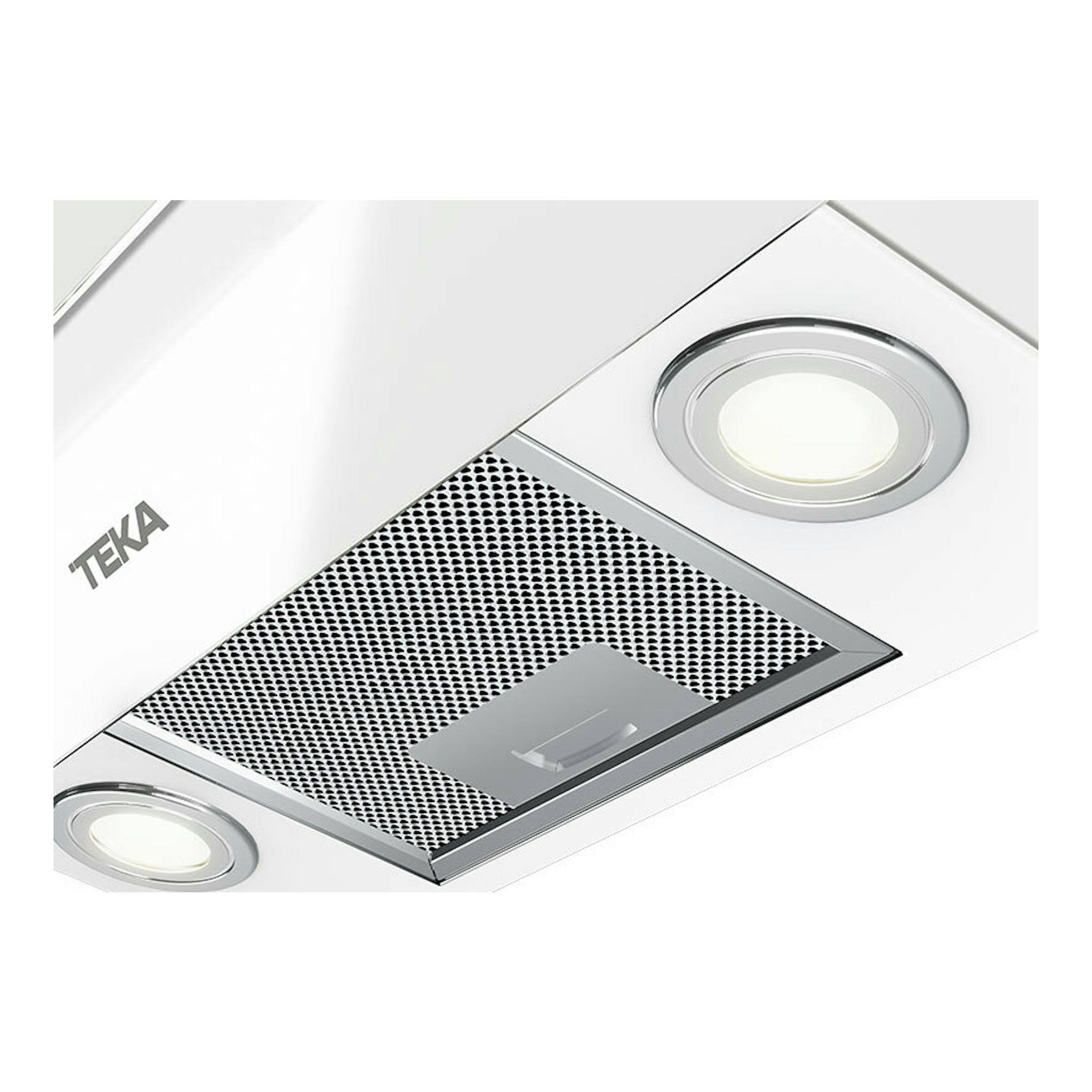 Campana decorativa Teka DVTPRO98780TCS de cristal blanco, vista inferior con dos luces y filtro metálico.