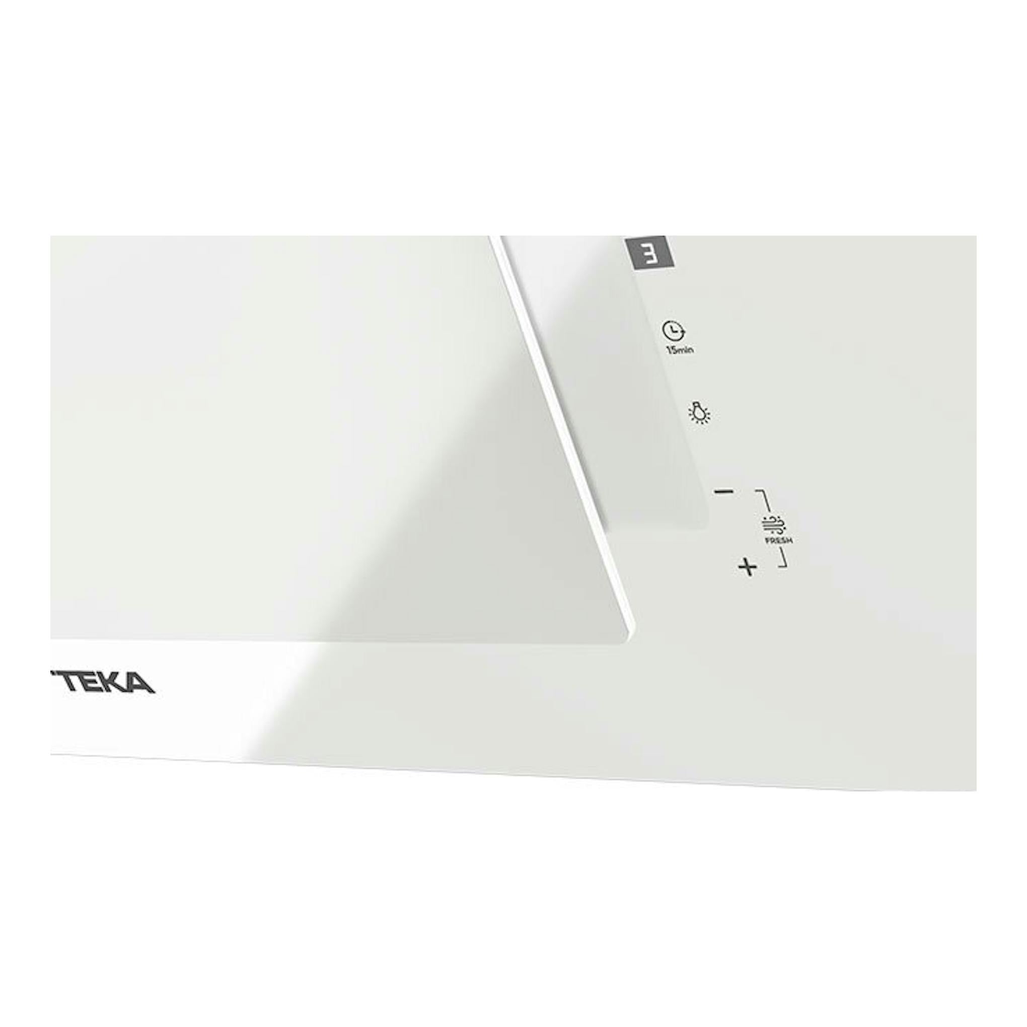 Campana decorativa Teka DVTPRO98780TCS de cristal blanco, vista frontal parcial con panel táctil.