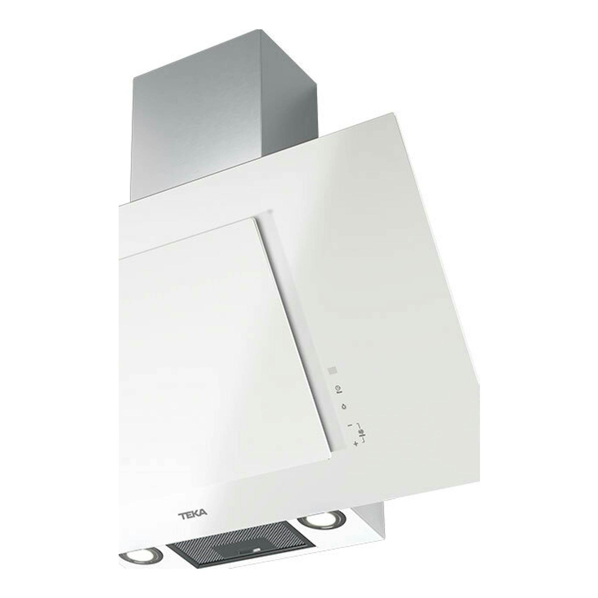 Campana decorativa Teka DVTPRO98780TCS de cristal blanco, vista frontal inclinada.