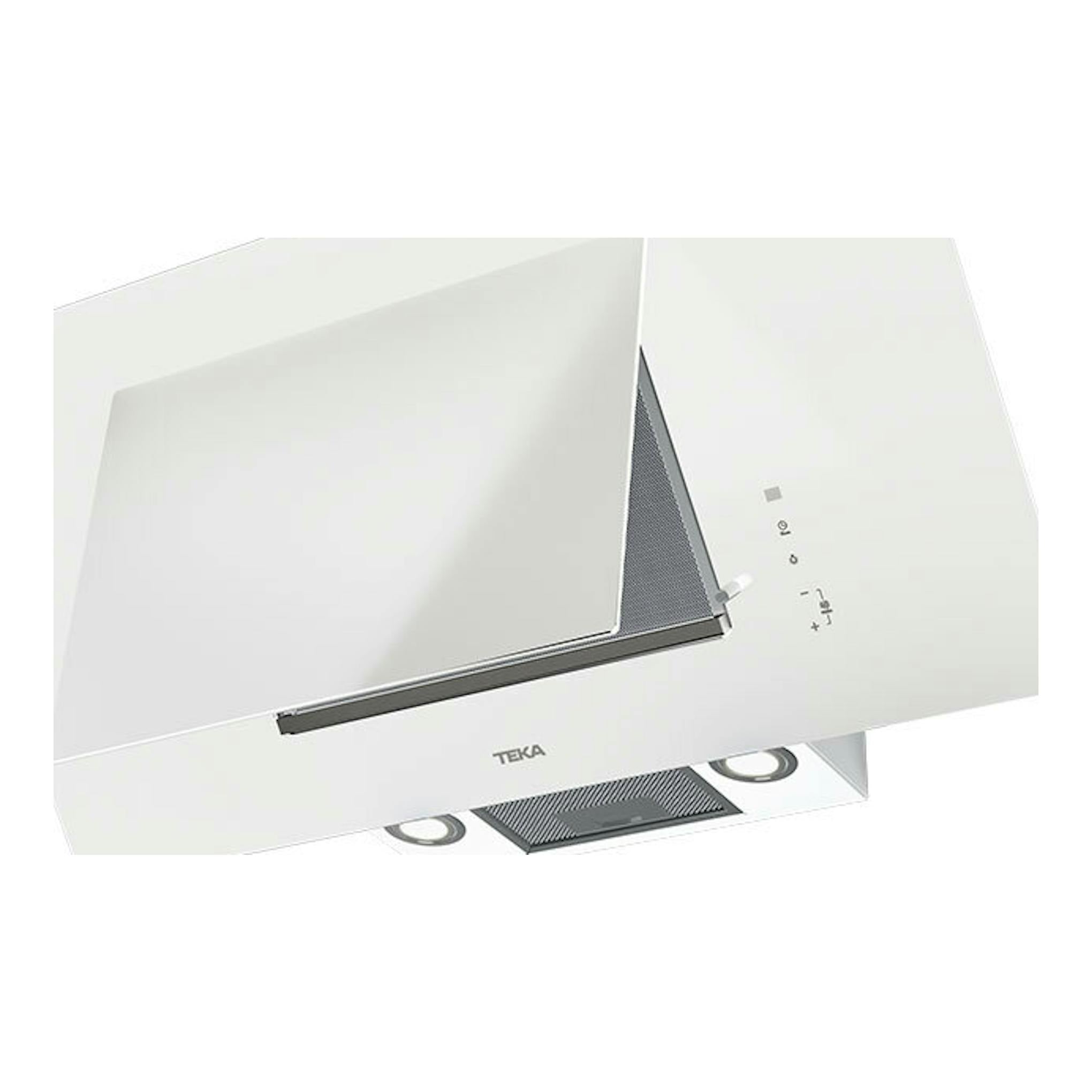 Campana decorativa Teka DVTPRO98780TCS de cristal blanco, vista en ángulo inferior.