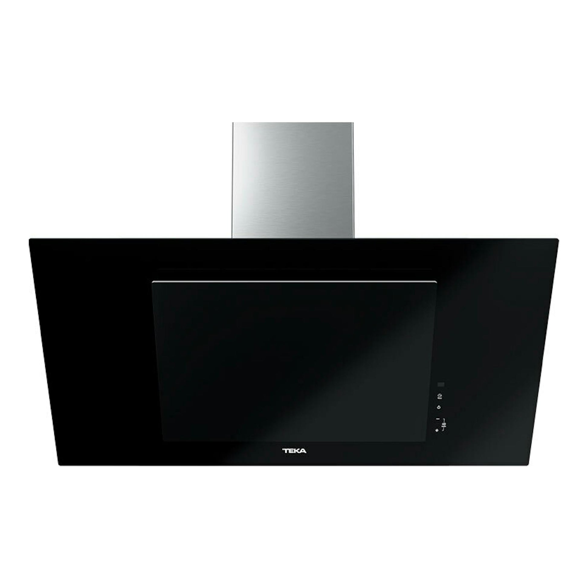Campana decorativa Teka DVTPRO98780TCS de cristal negro, vista frontal, con chimenea inoxidable.