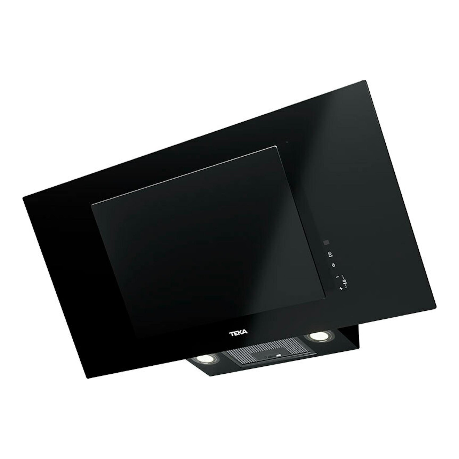 Campana decorativa Teka DVTPRO98780TCS de cristal negro, vista frontal inclinada.