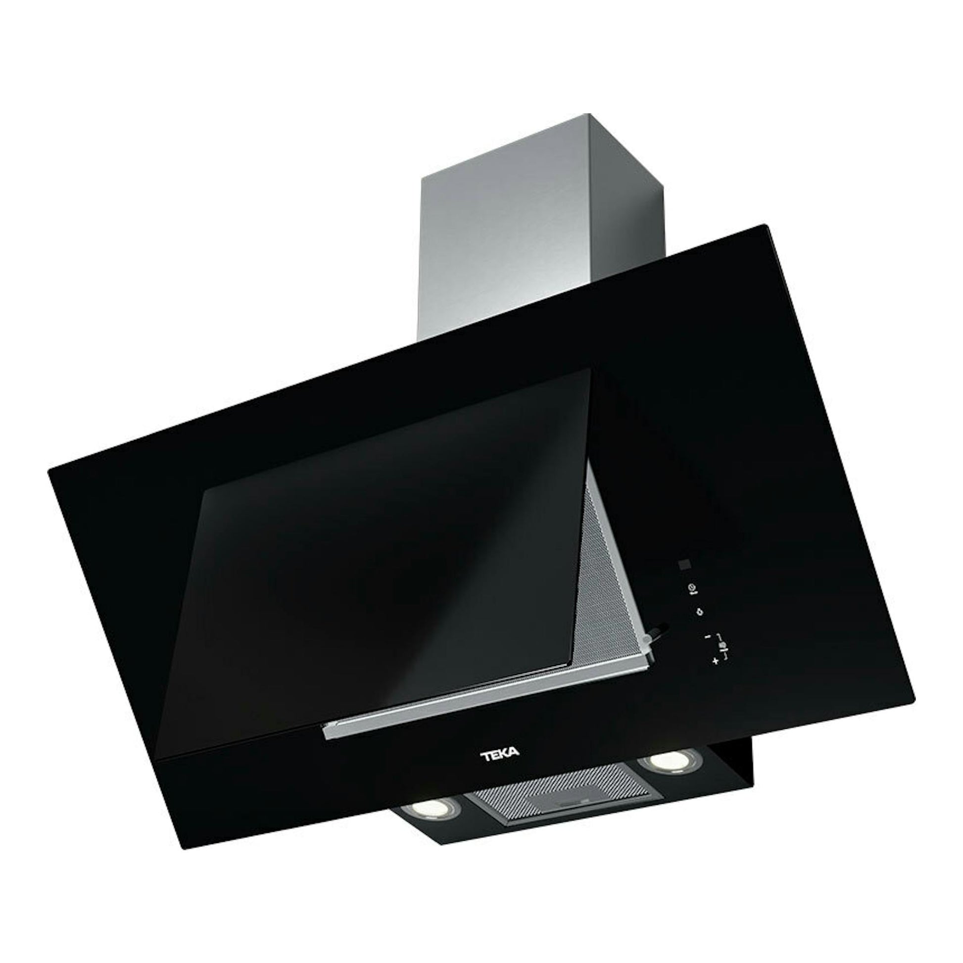 Campana extractora Teka DVTPRO98780TCS de cristal negro, vista frontal inclinada con chimenea inoxidable.