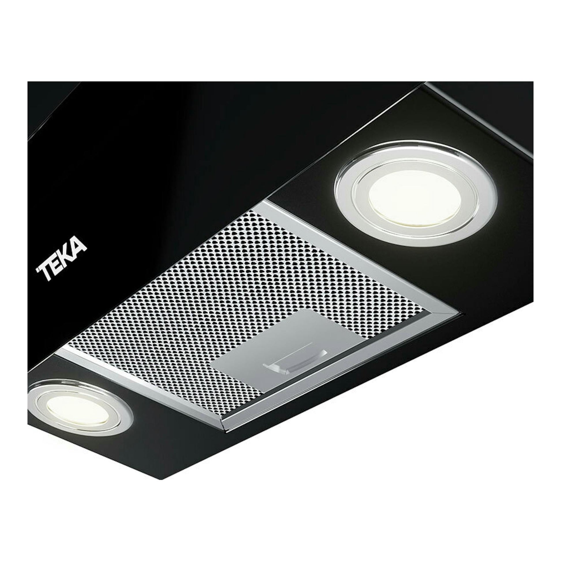 Campana extractora decorativa Teka DVTPRO98780TCS en cristal negro, vista inferior en ángulo, con dos luces.