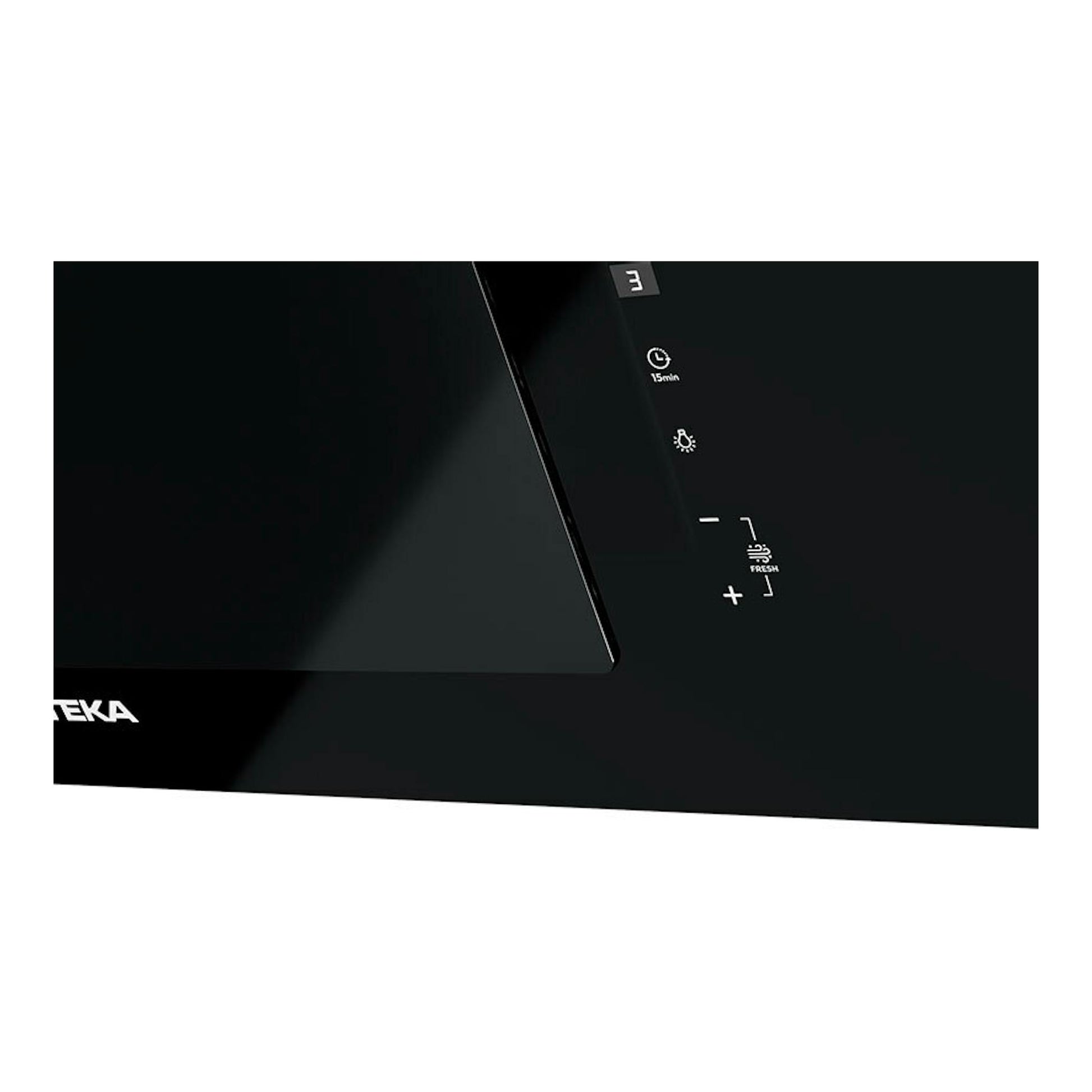Campana decorativa Teka DVTPRO98780TCS de cristal negro, vista frontal parcial con panel táctil iluminado.