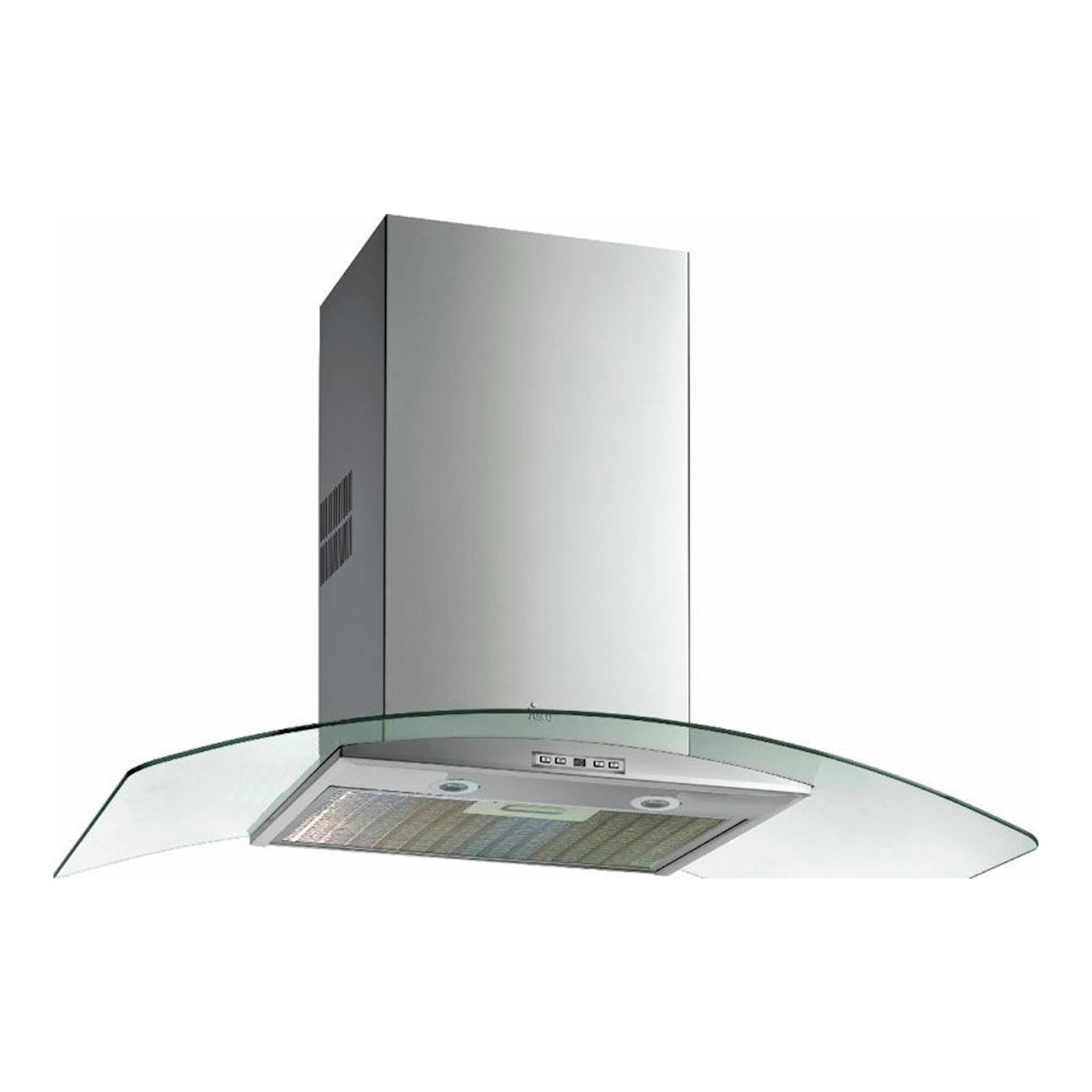 Campana decorativa Teka NC 985 Inox de acero inoxidable, vista frontal, con pantalla de vidrio curvo.