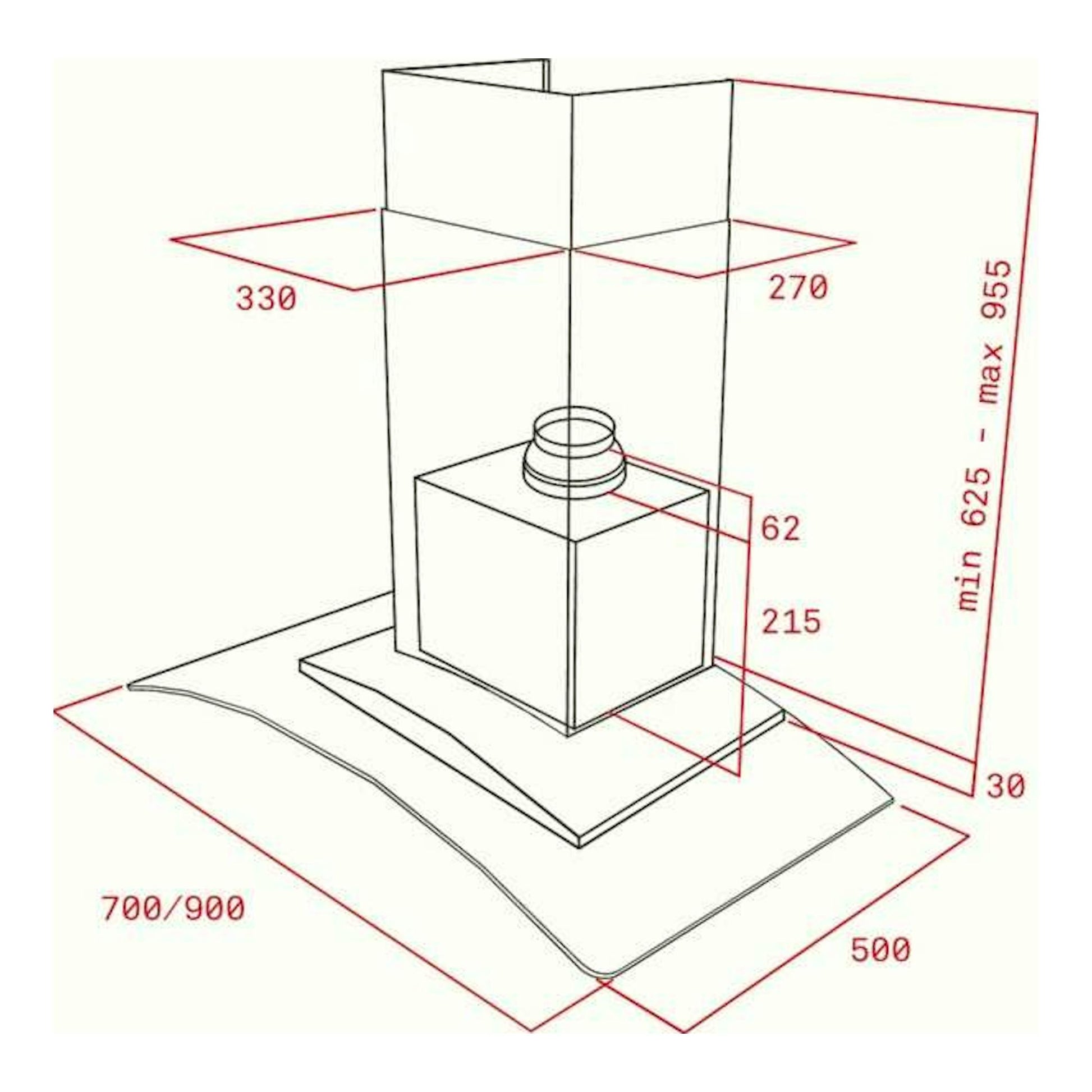 Esquema técnico de campana Teka NC 985 Inox, vista isométrica en blanco y negro con cotas rojas.