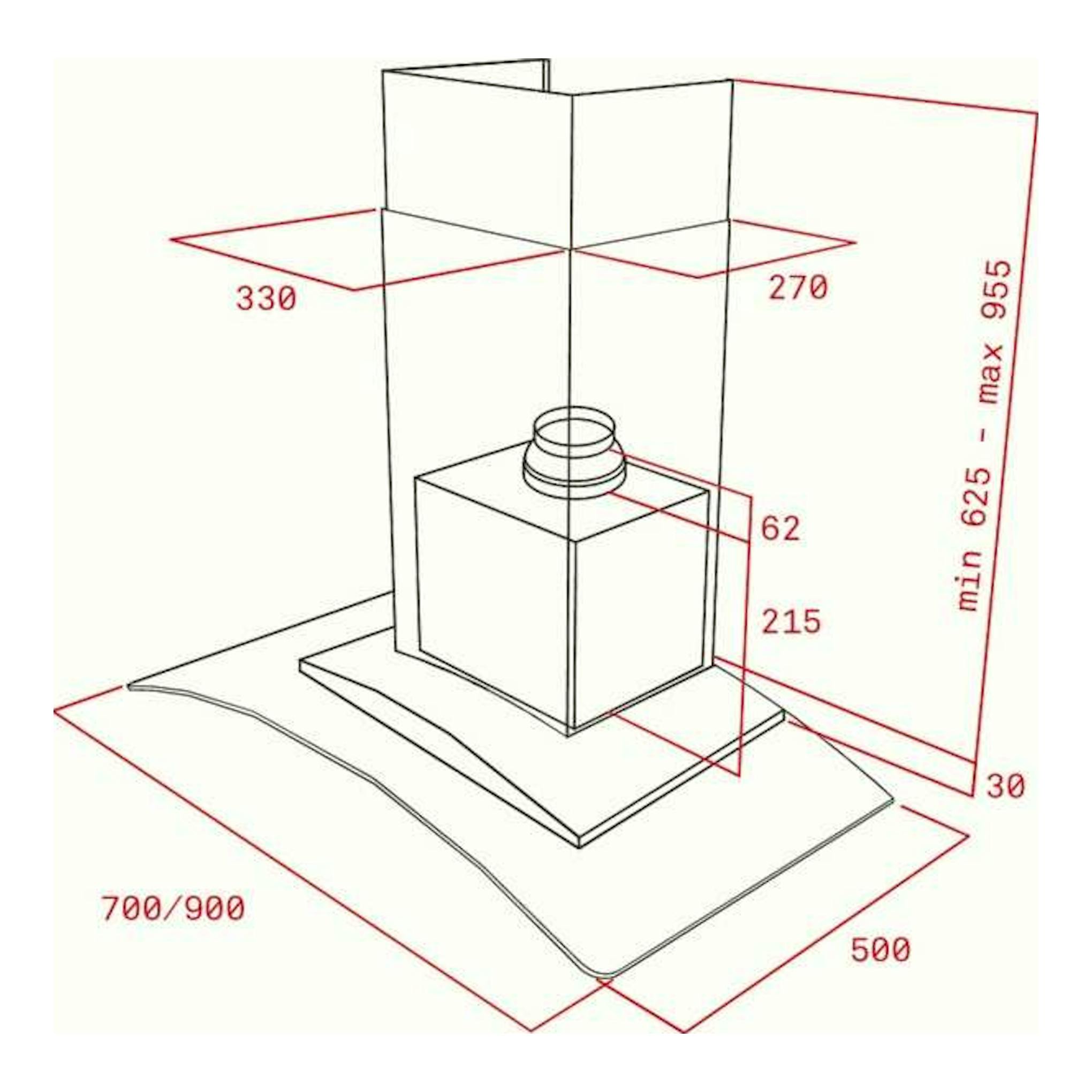 Esquema técnico de campana Teka NC 985 Inox, vista isométrica en blanco y negro con cotas rojas.