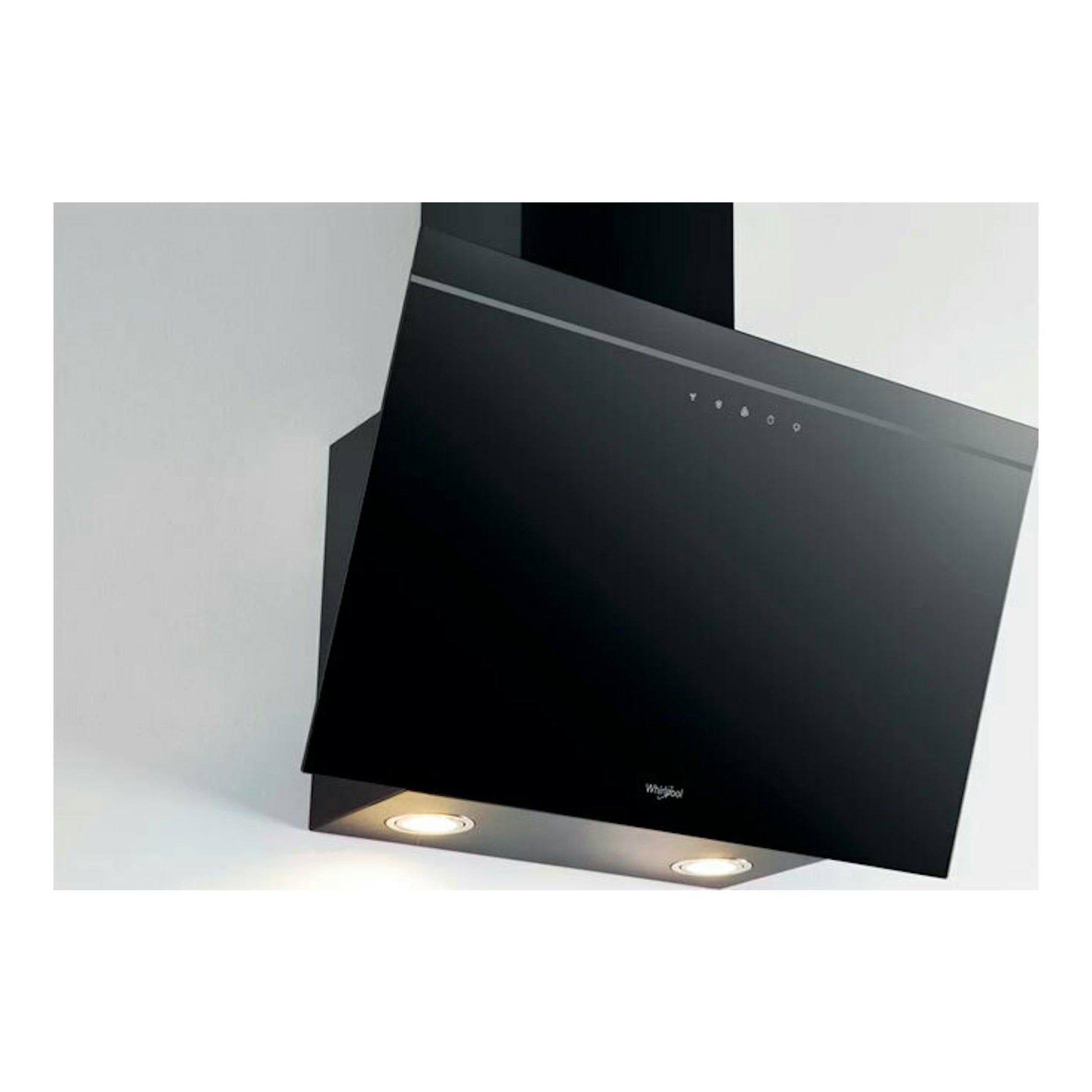 Campana decorativa Whirlpool AKR 62F LT K negra, vista frontal en ángulo, con dos luces inferiores encendidas.