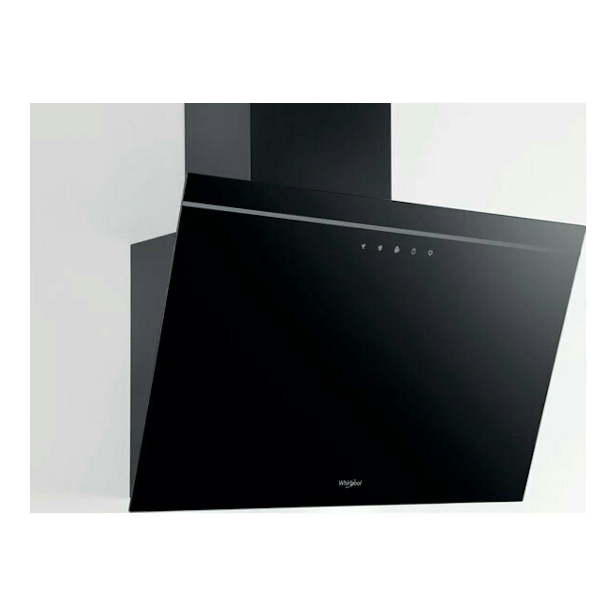 Campana decorativa Whirlpool AKR 62F LT K negra, vista frontal inclinada.