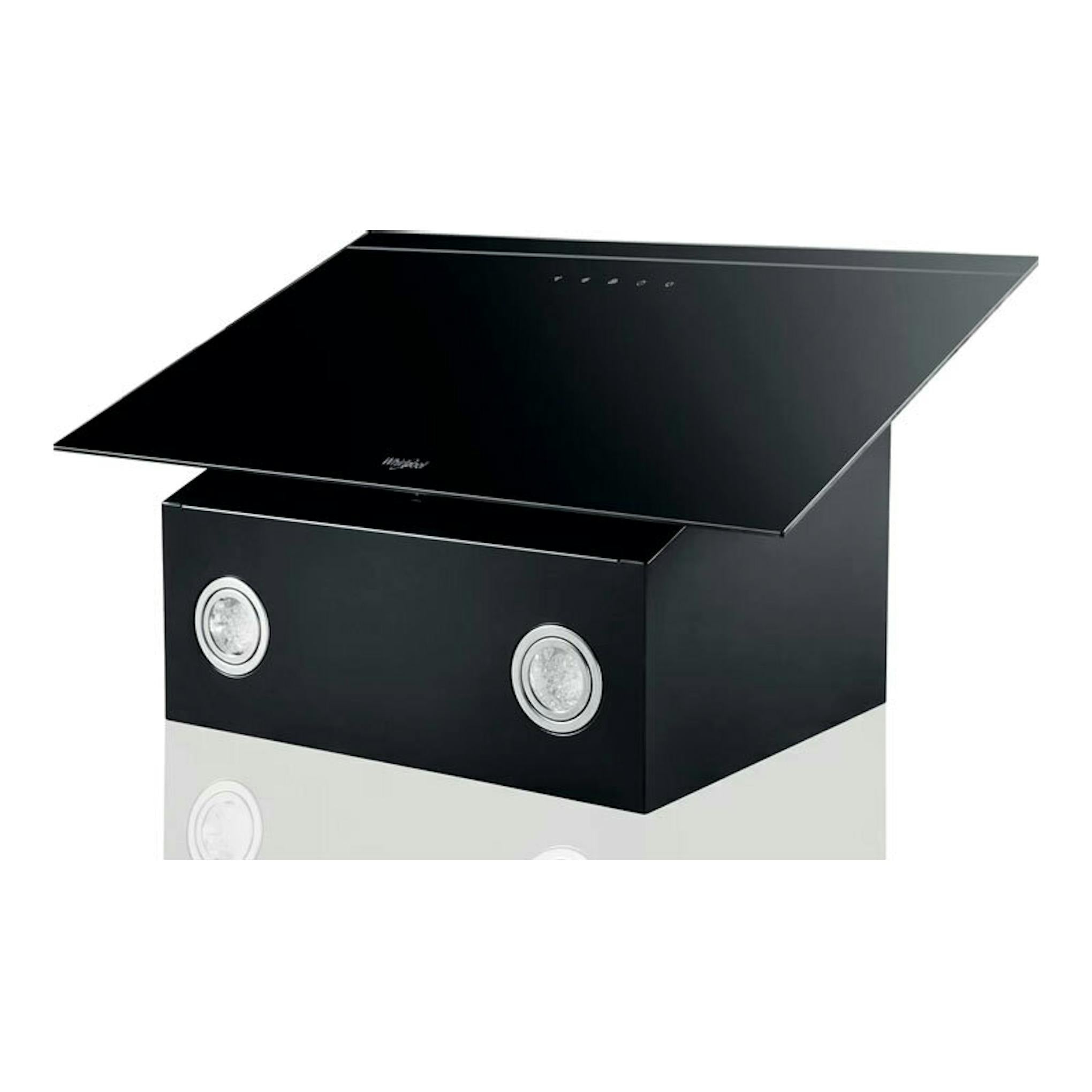 Campana extractora Whirlpool AKR 62F LT K negra, vista frontal en ángulo, con panel de vidrio inclinado y dos luces.