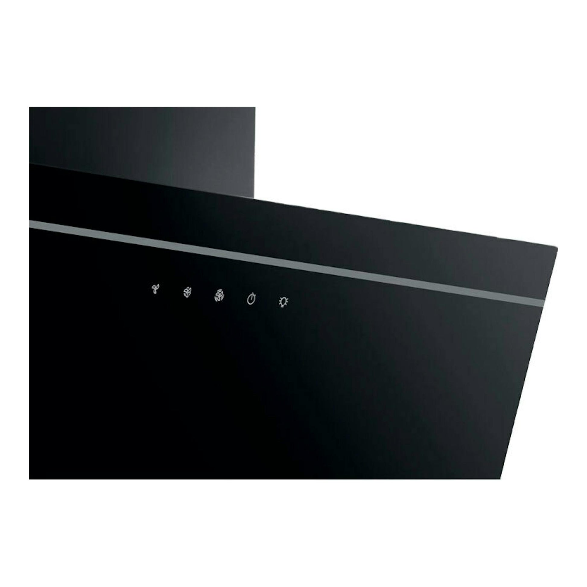 Campana decorativa Whirlpool AKR 62F LT K negra, vista frontal inclinada con panel táctil y luz.
