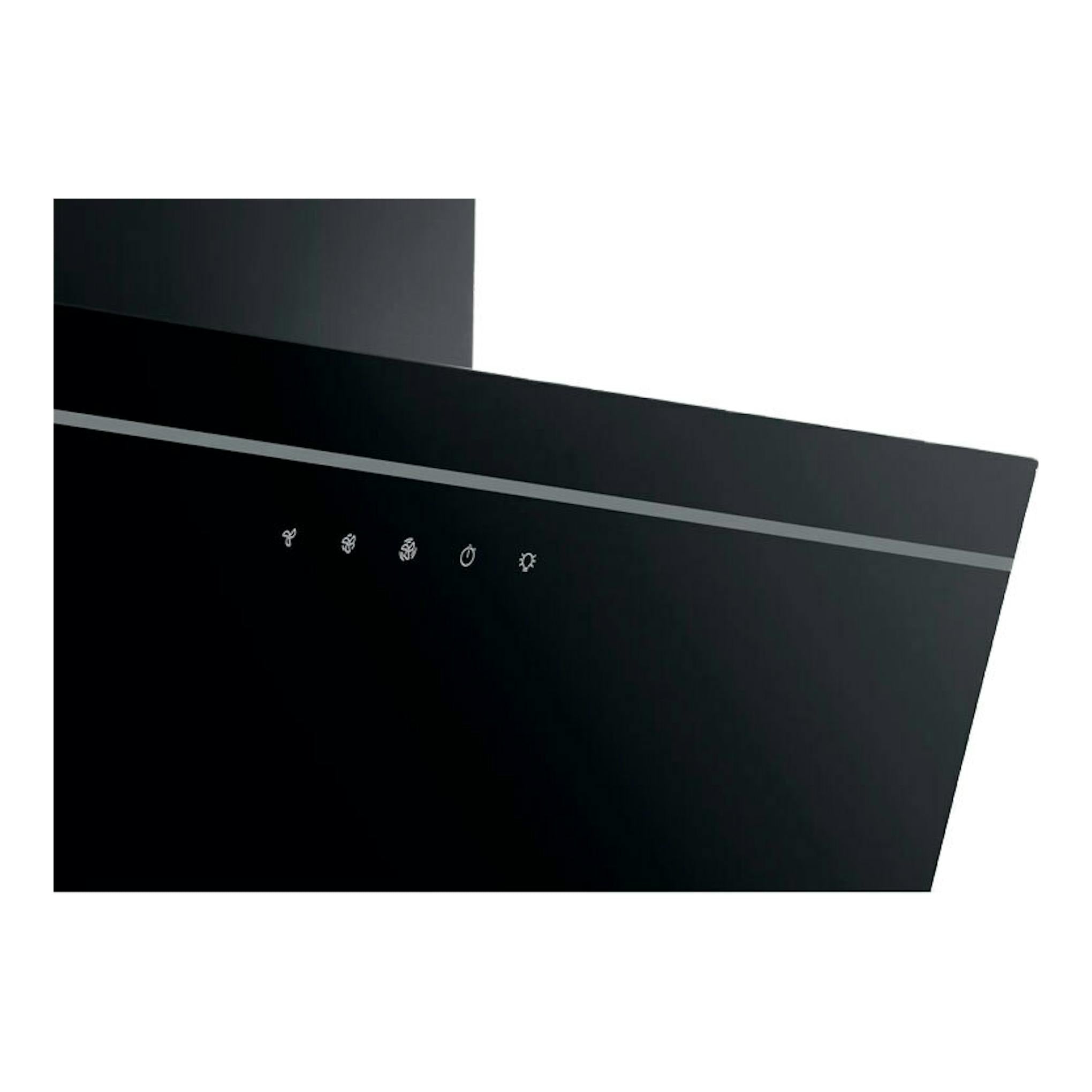 Campana decorativa Whirlpool AKR 62F LT K negra, vista frontal inclinada con panel táctil y luz.