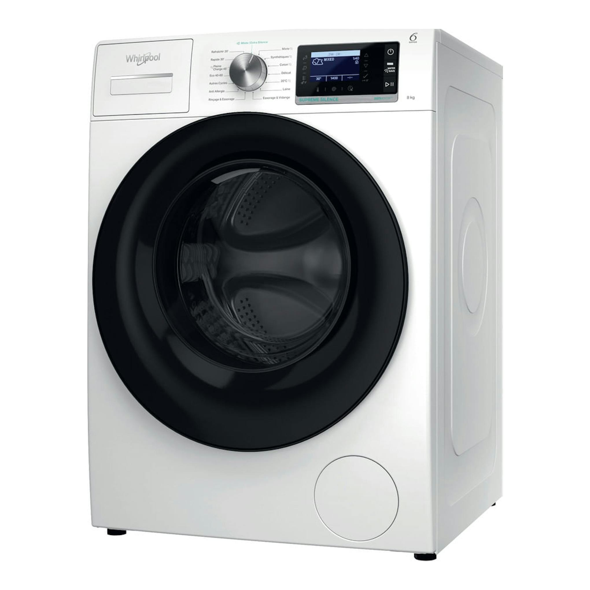 Lavadora frontal Whirlpool blanca con puerta negra, panel digital y tambor visible, vista frontal.