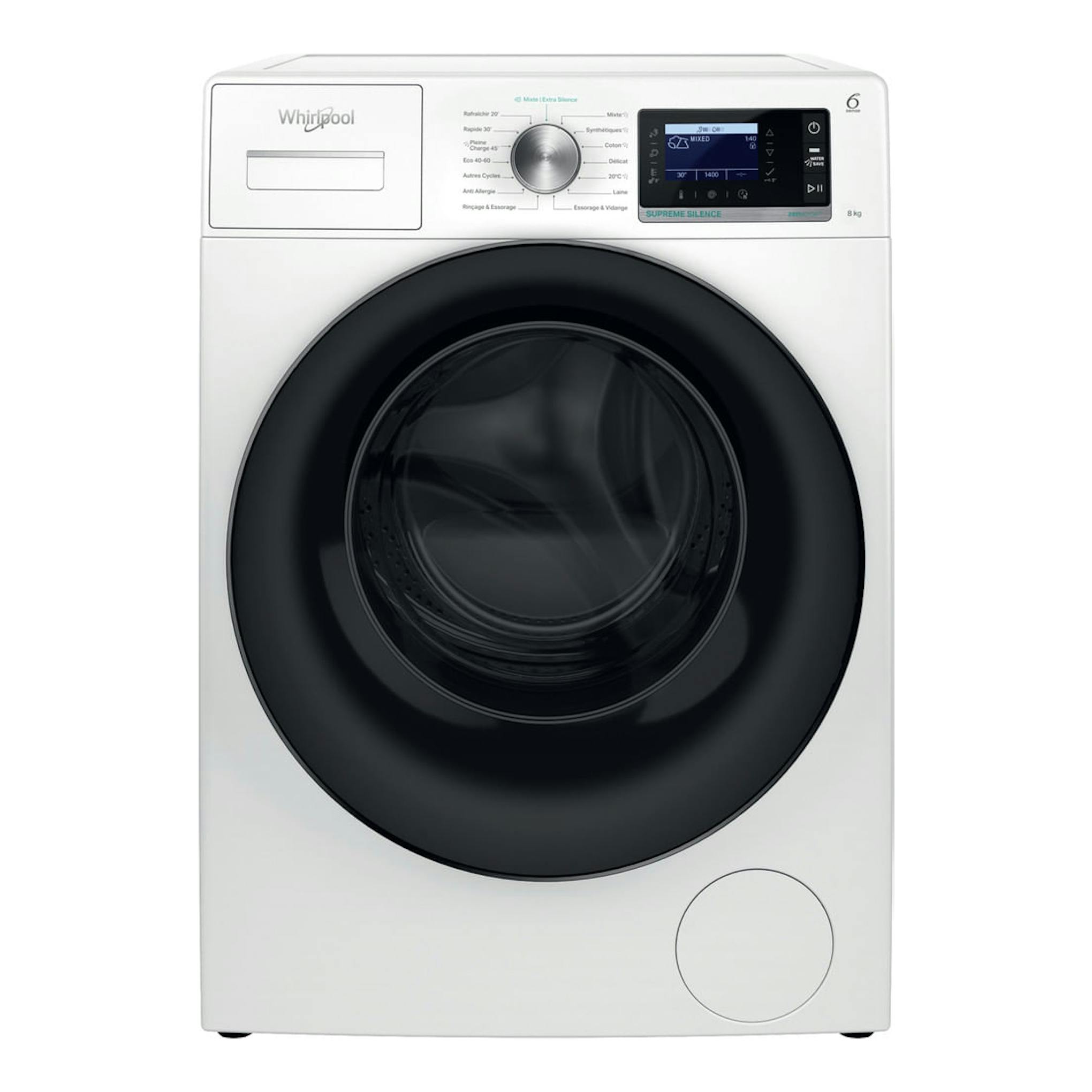 Lavadora frontal Whirlpool blanca, con puerta negra, panel digital superior y selector central.