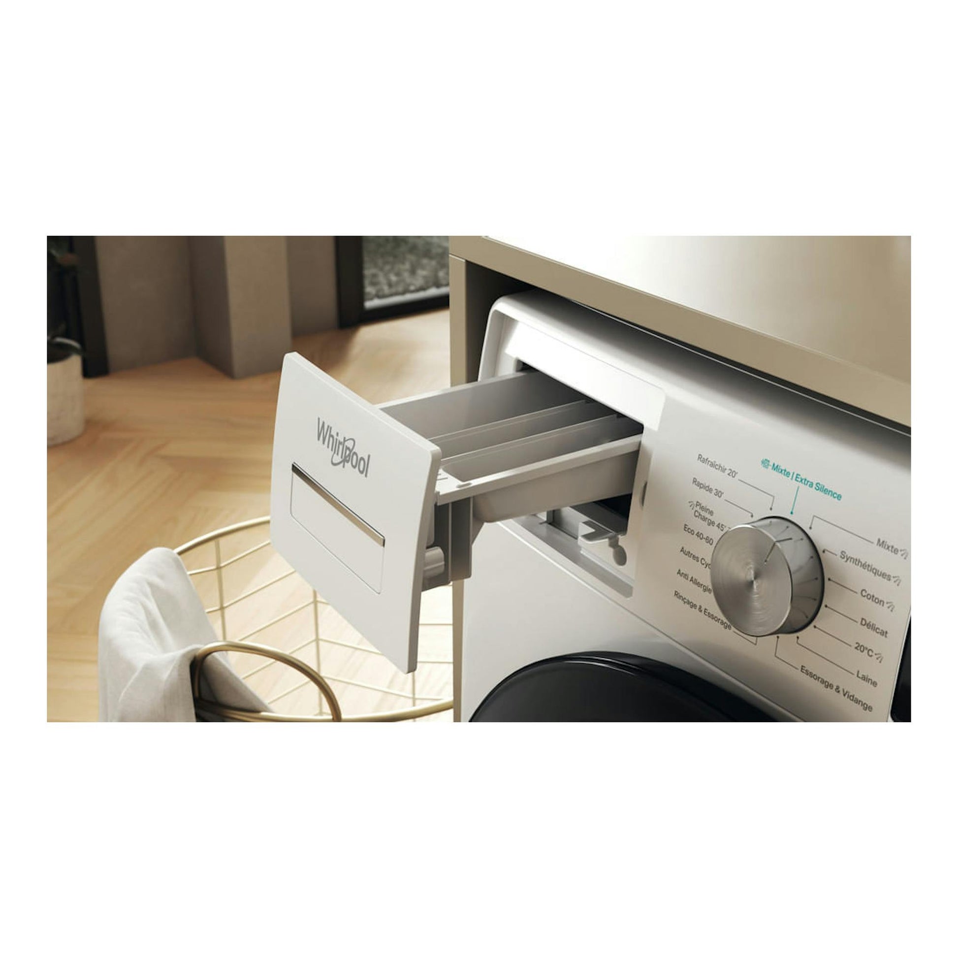 Lavadora Whirlpool blanca, vista frontal oblicua, con cajón de detergente abierto y selector giratorio.
