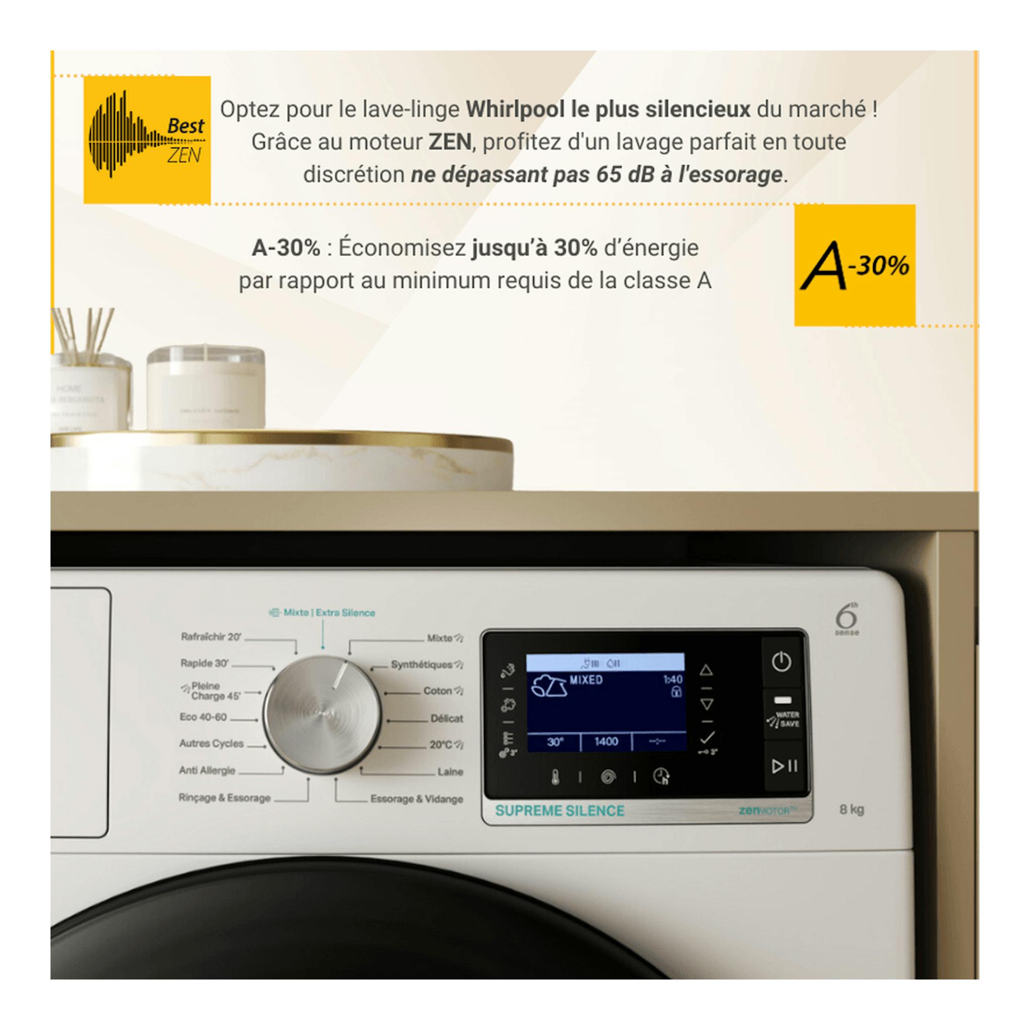 Lavadora Whirlpool blanca, vista frontal parcial, con selector central y pantalla digital.