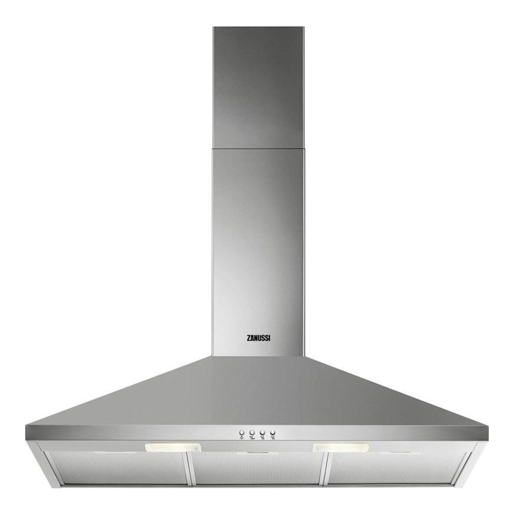 Campana decorativa Zanussi ZHC92462XA de inox, vista frontal, con chimenea y pantalla piramidal.