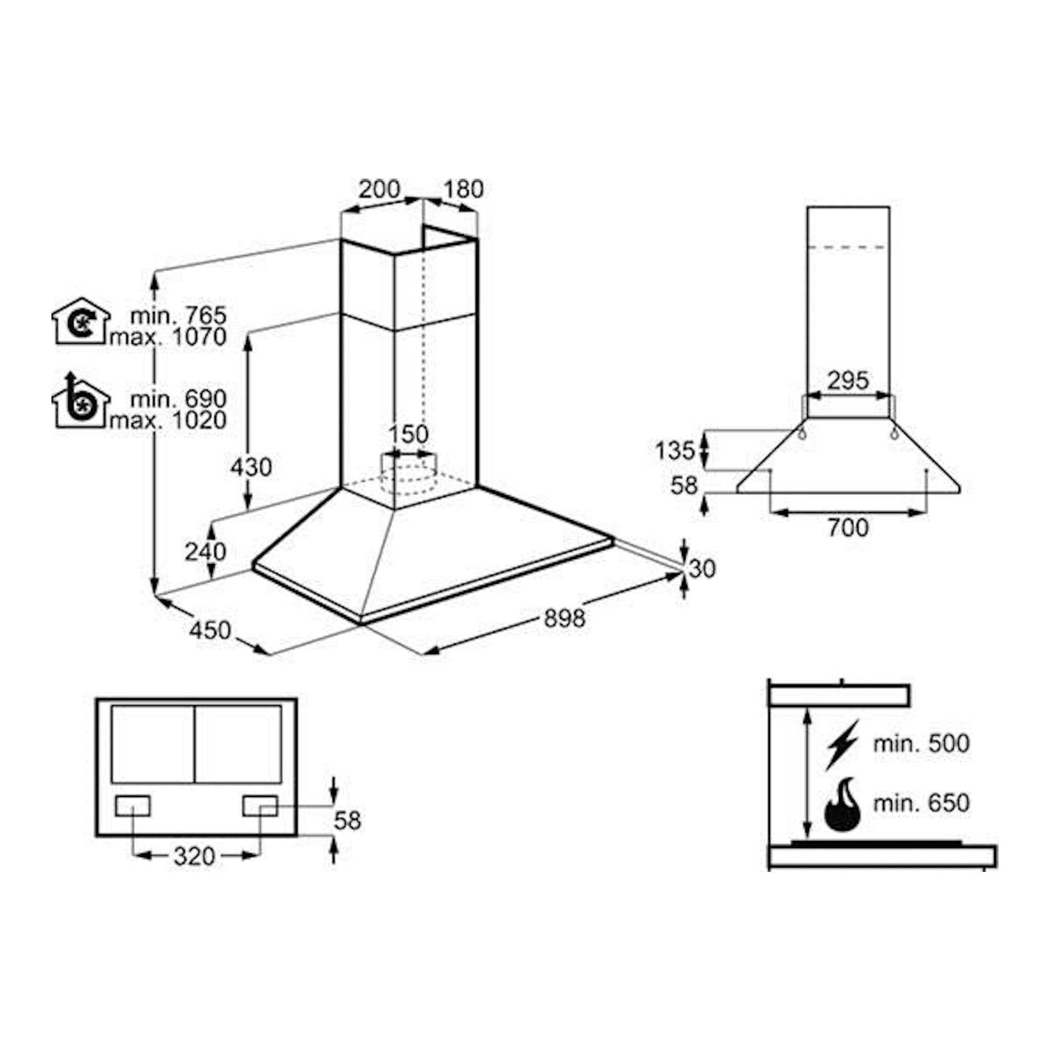 Dibujo técnico de campana decorativa Zanussi ZHC92462XA inox, con vistas frontal, lateral y medidas.