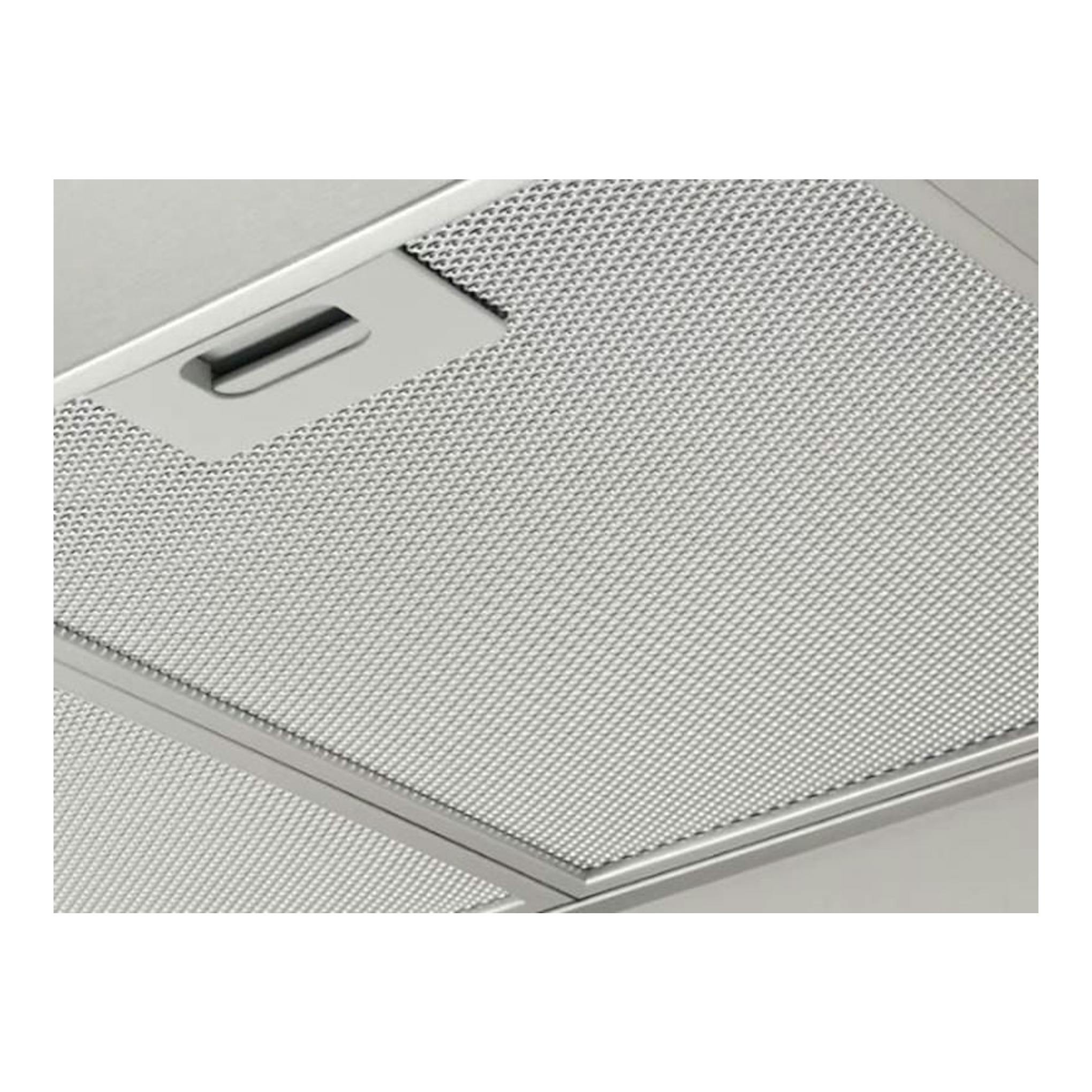 Campana extractora Zanussi ZHC92462XA en inox, vista en primer plano de la rejilla metálica y el filtro.