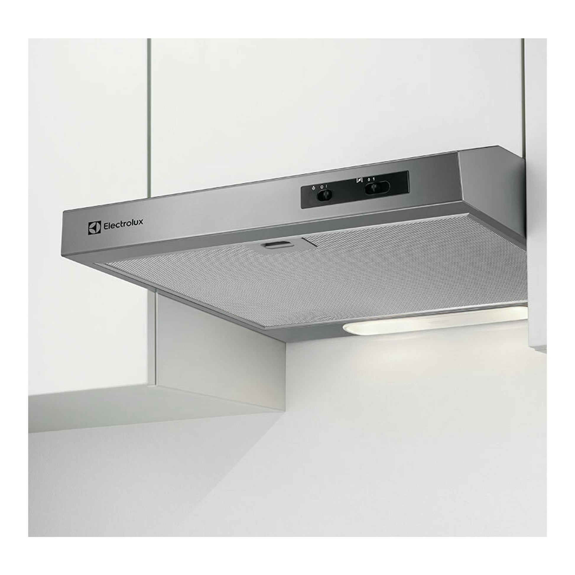 Campana extractora Electrolux EFU216S inox, vista inferior en ángulo, con panel de control y filtro metálico.
