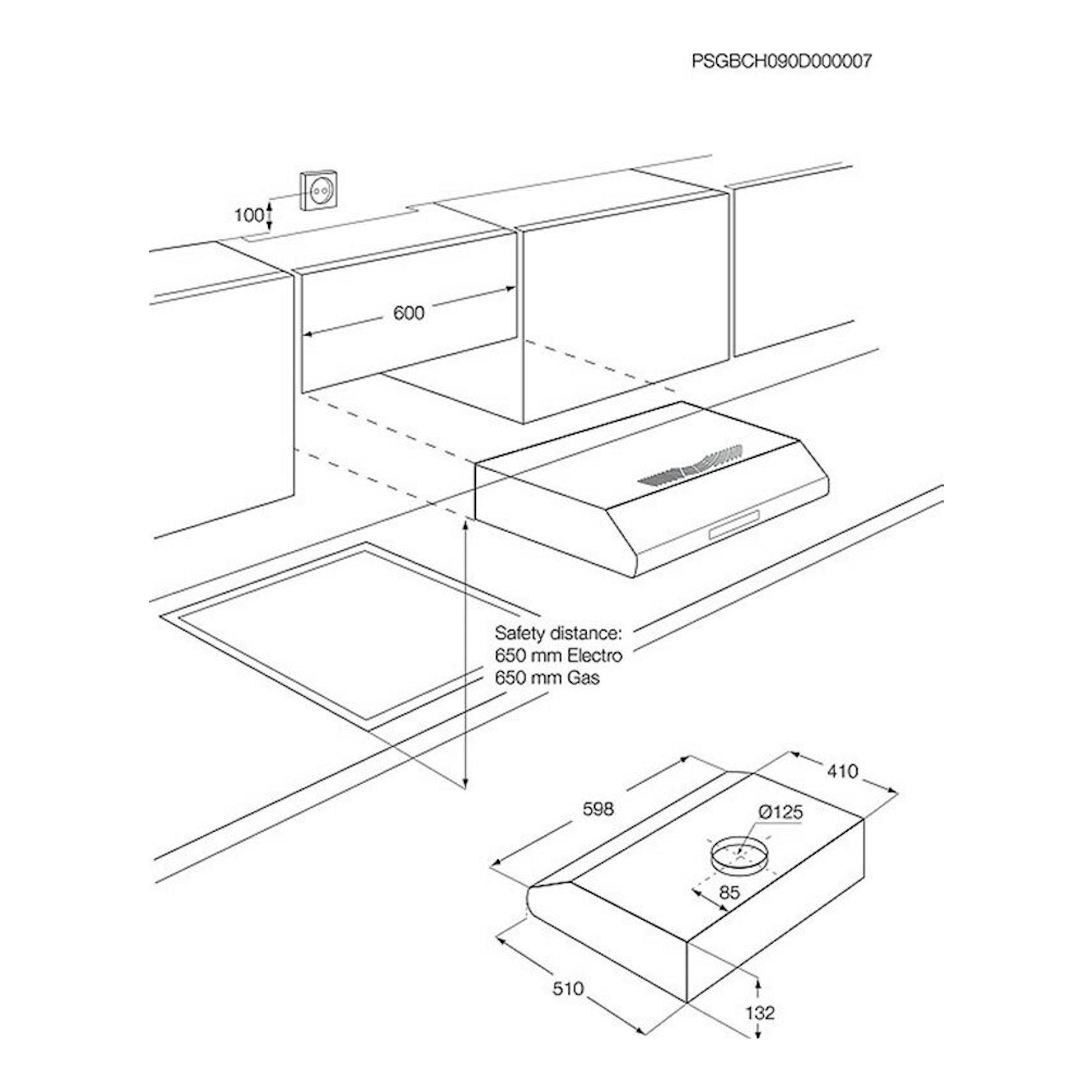 Diagrama técnico de instalación de campana Electrolux EFU216S Inox, vista isométrica en blanco y negro.