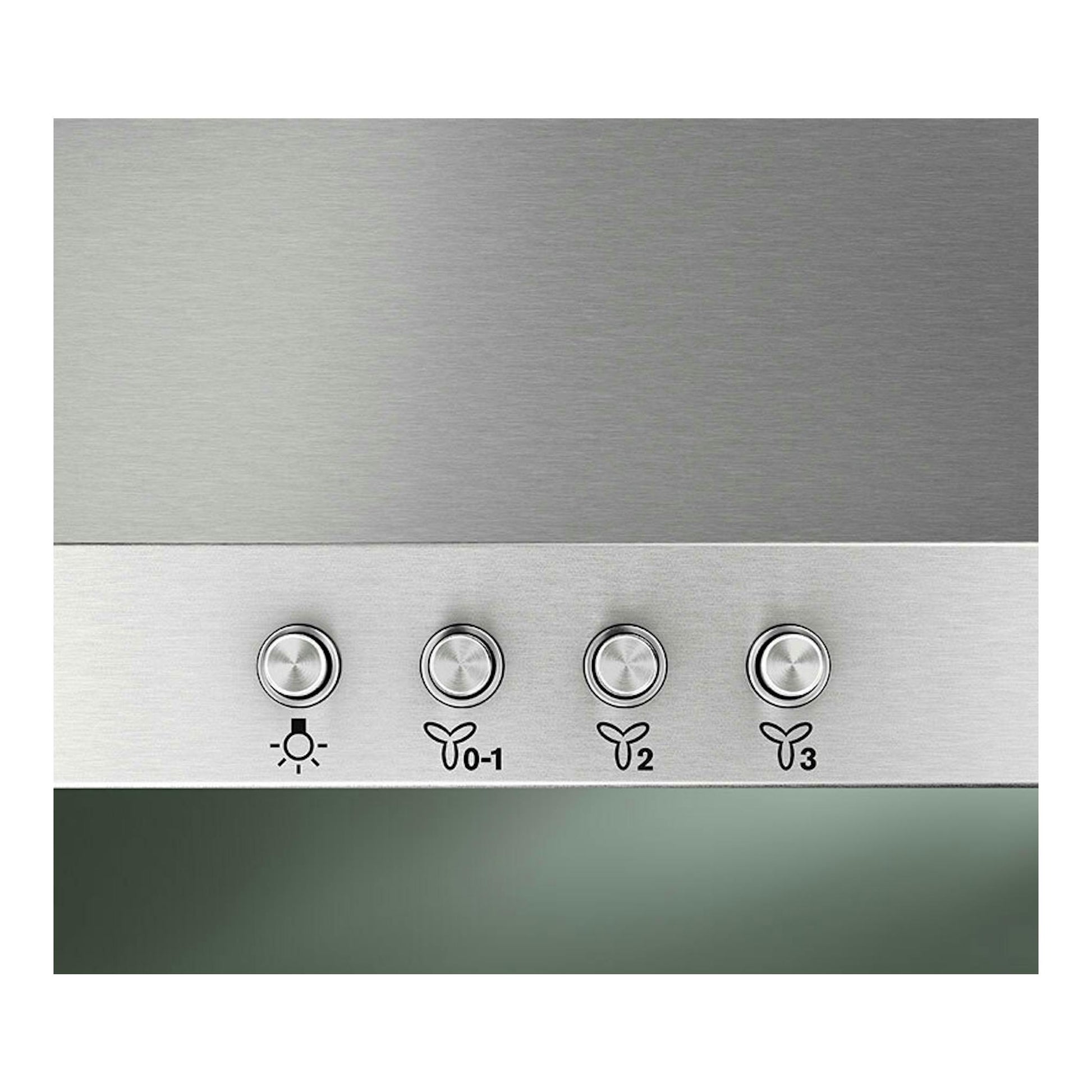 Campana Electrolux LFC316X inox, vista frontal de panel con cuatro botones y controles de luz y velocidad.