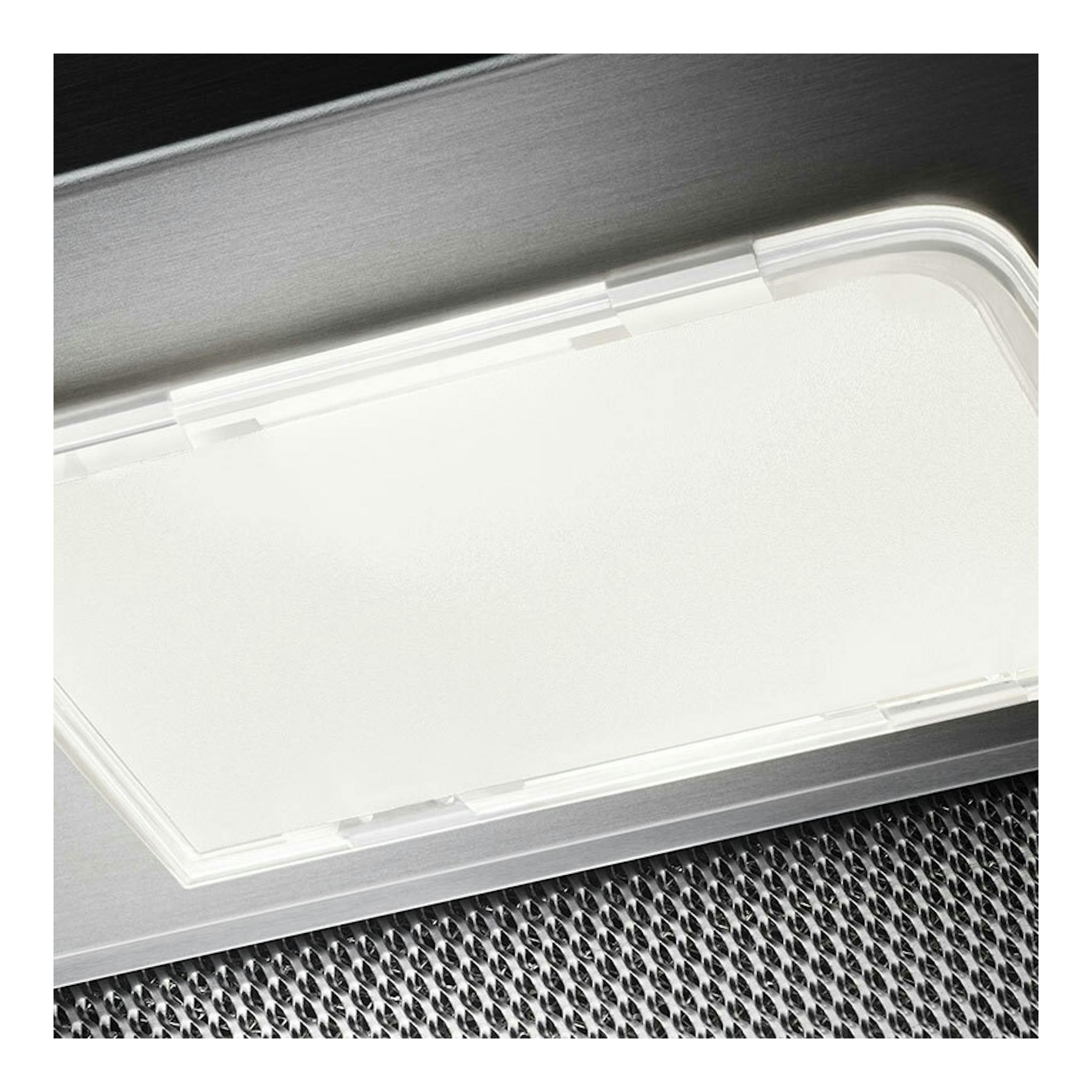 Campana extractora Electrolux LFC316X en inox, vista en primer plano del panel y rejilla metálica.