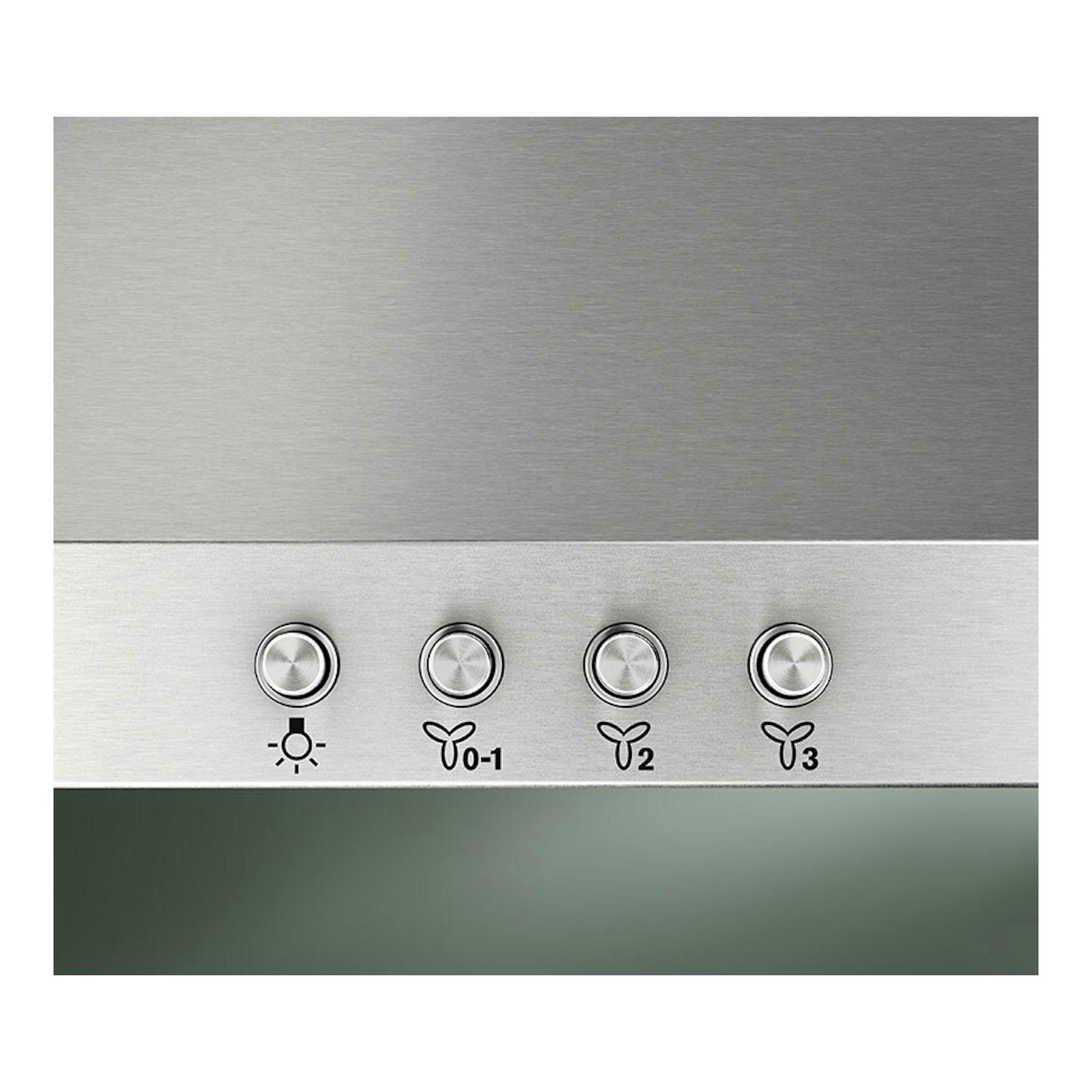 Campana Electrolux LFC319X en inox, primer plano del panel con cuatro botones circulares y símbolos de luz y velocidades.
