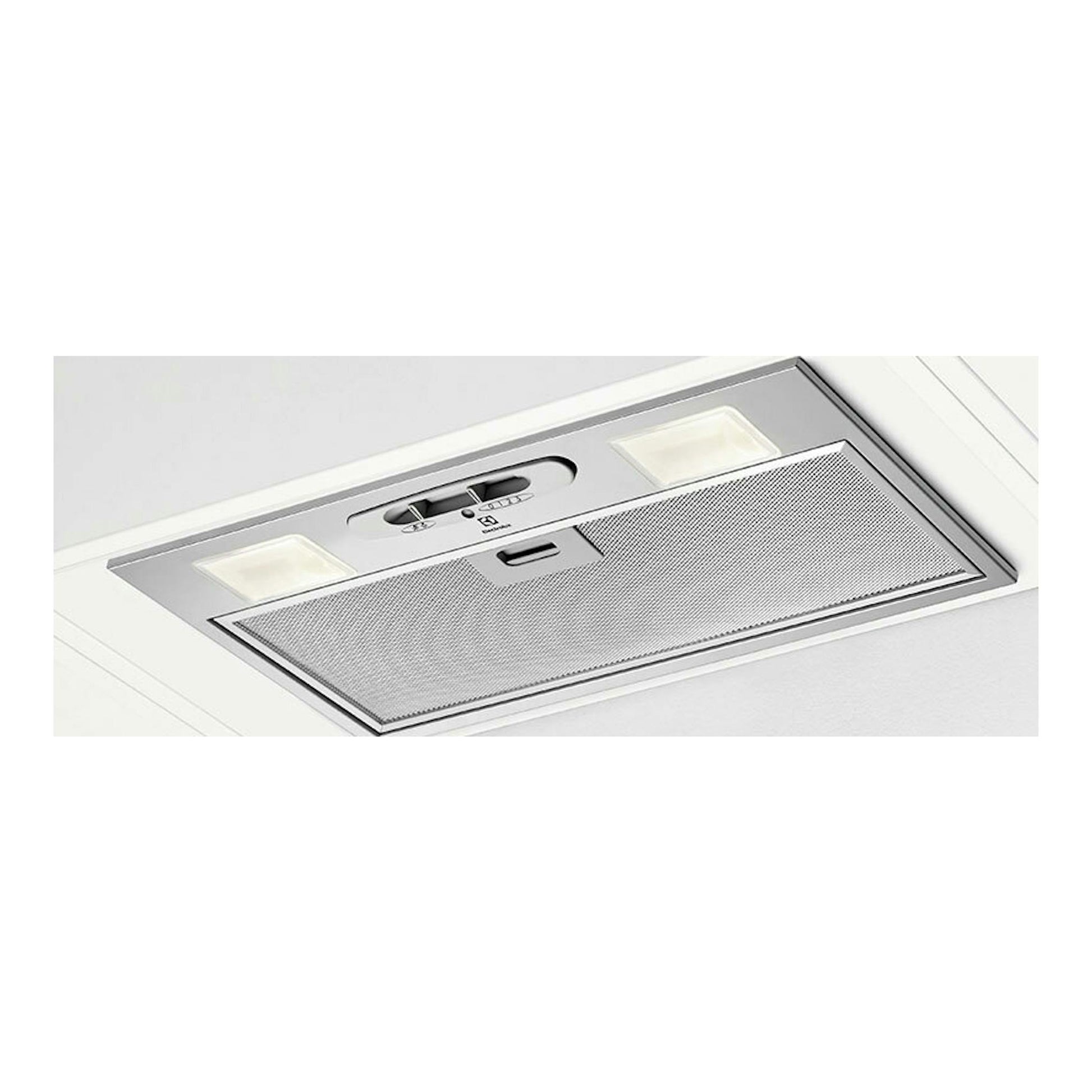 Campana Electrolux LFG235S inox, vista inferior inclinada, con dos luces y filtro metálico.