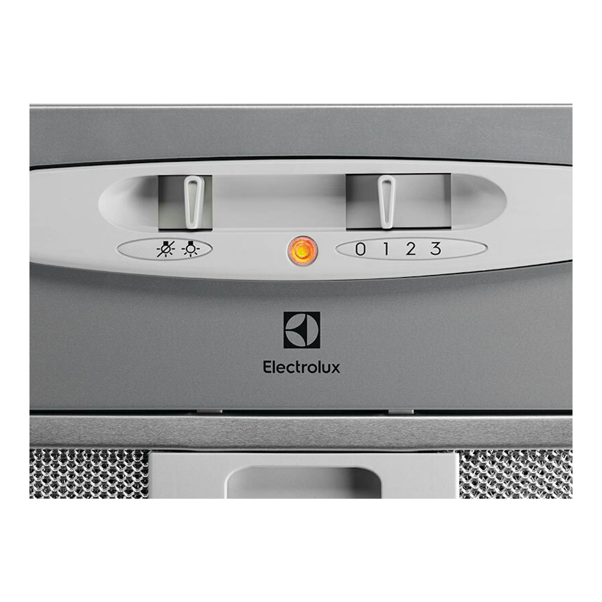Campana Electrolux LFG235S inox, vista frontal de panel de mandos con botones y piloto luminoso.