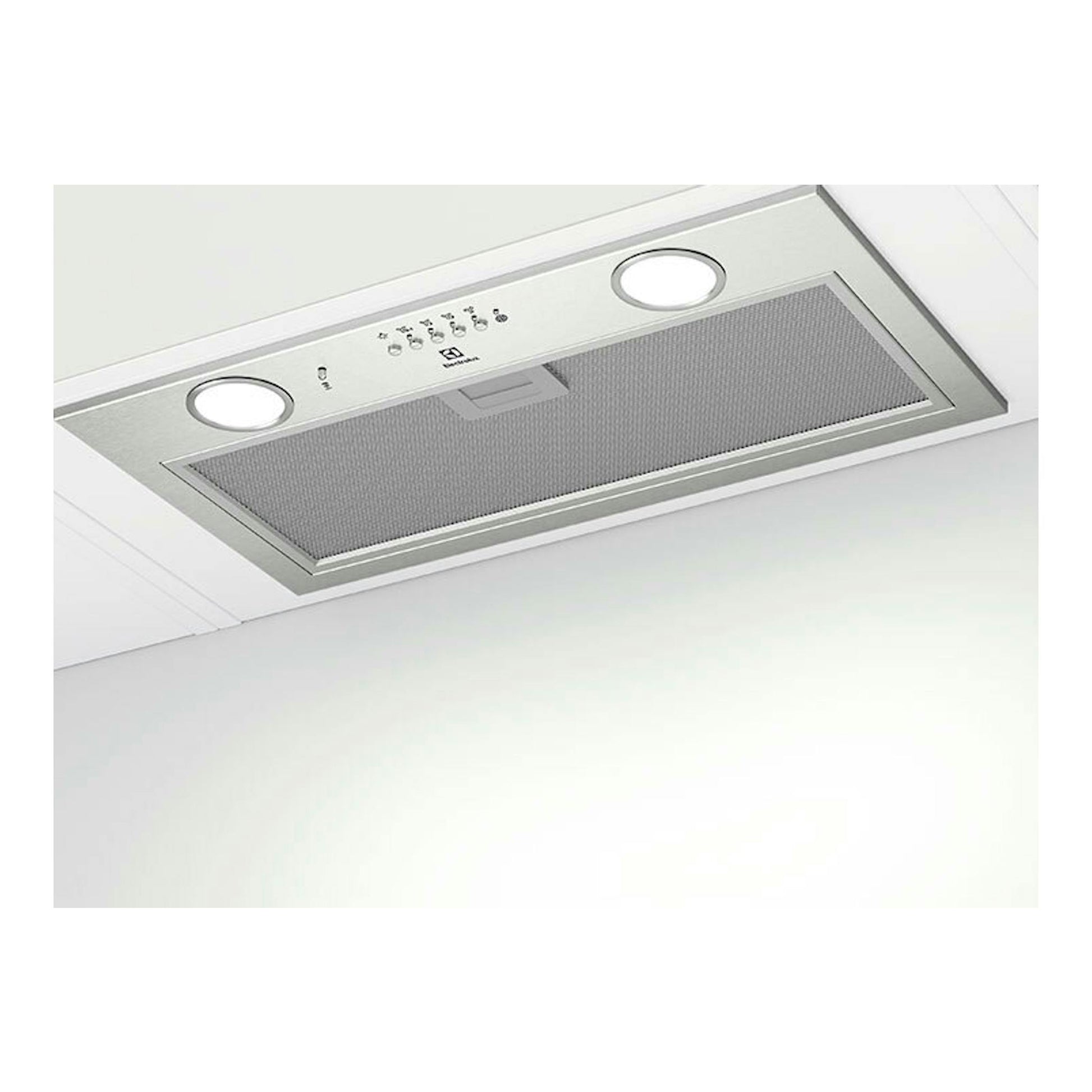 Campana extractora Electrolux LFG516X inox, vista inferior empotrada en techo, con rejilla y dos luces.