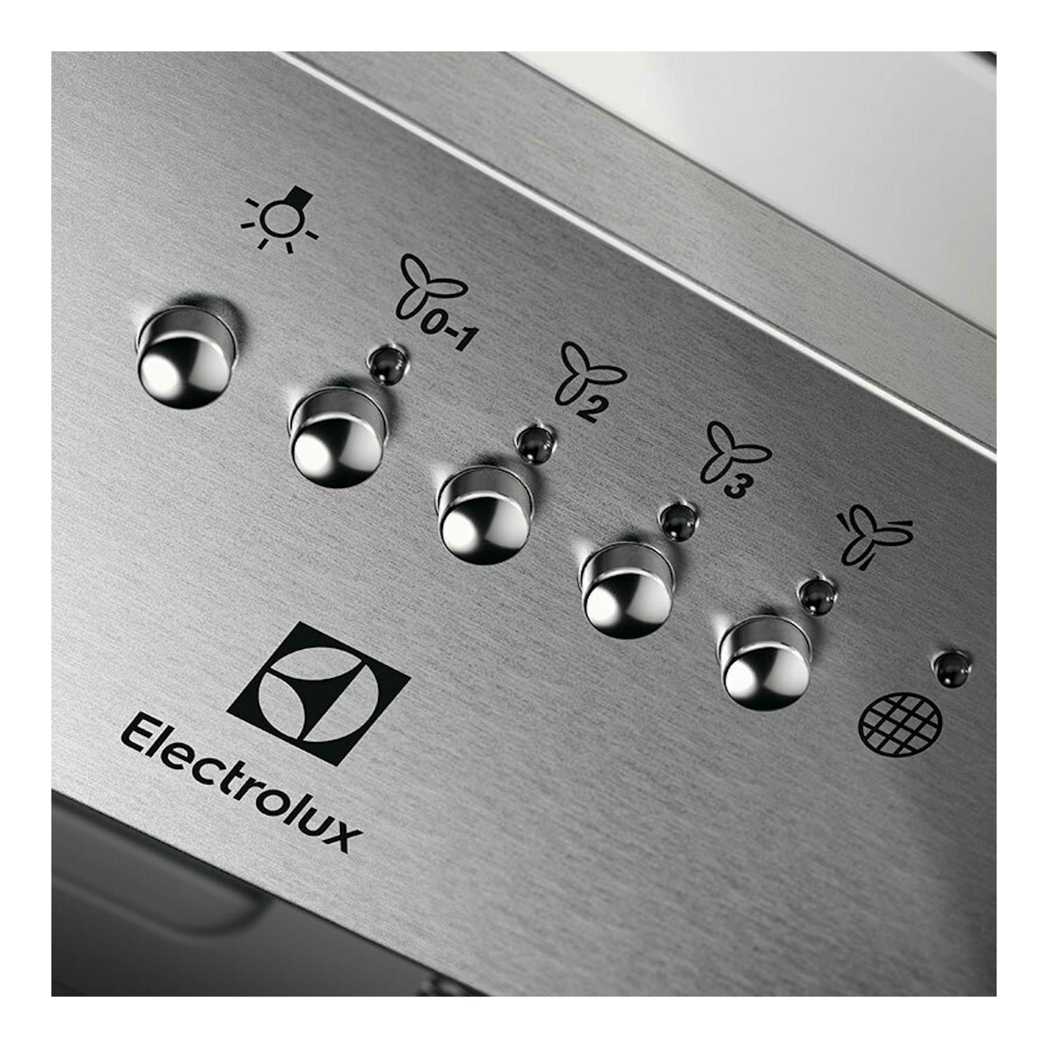 Panel de control de campana Electrolux LFG516X inox en acero inoxidable, vista en primer plano.