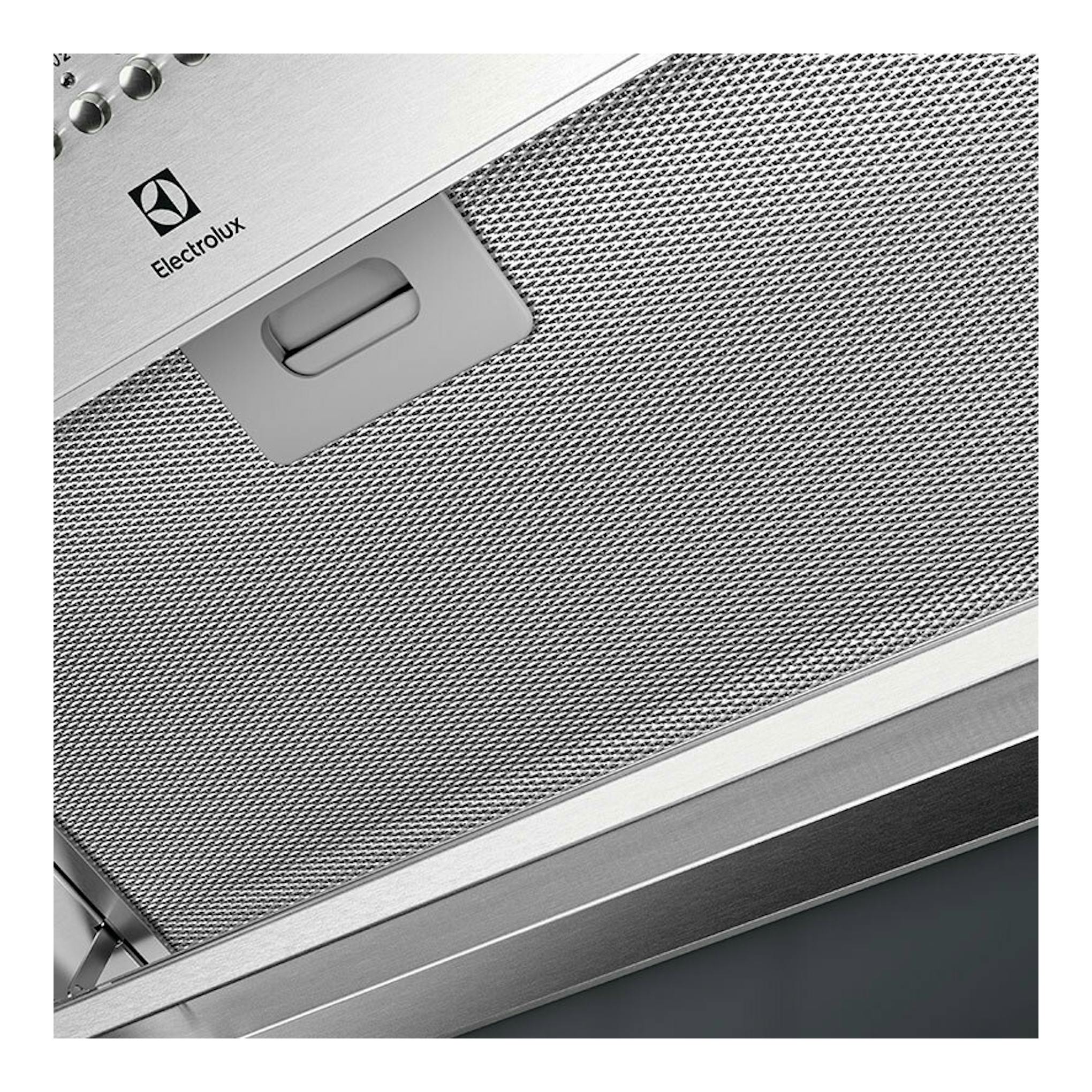 Campana extractora Electrolux LFG516X inox, vista en primer plano del filtro metálico y panel frontal.