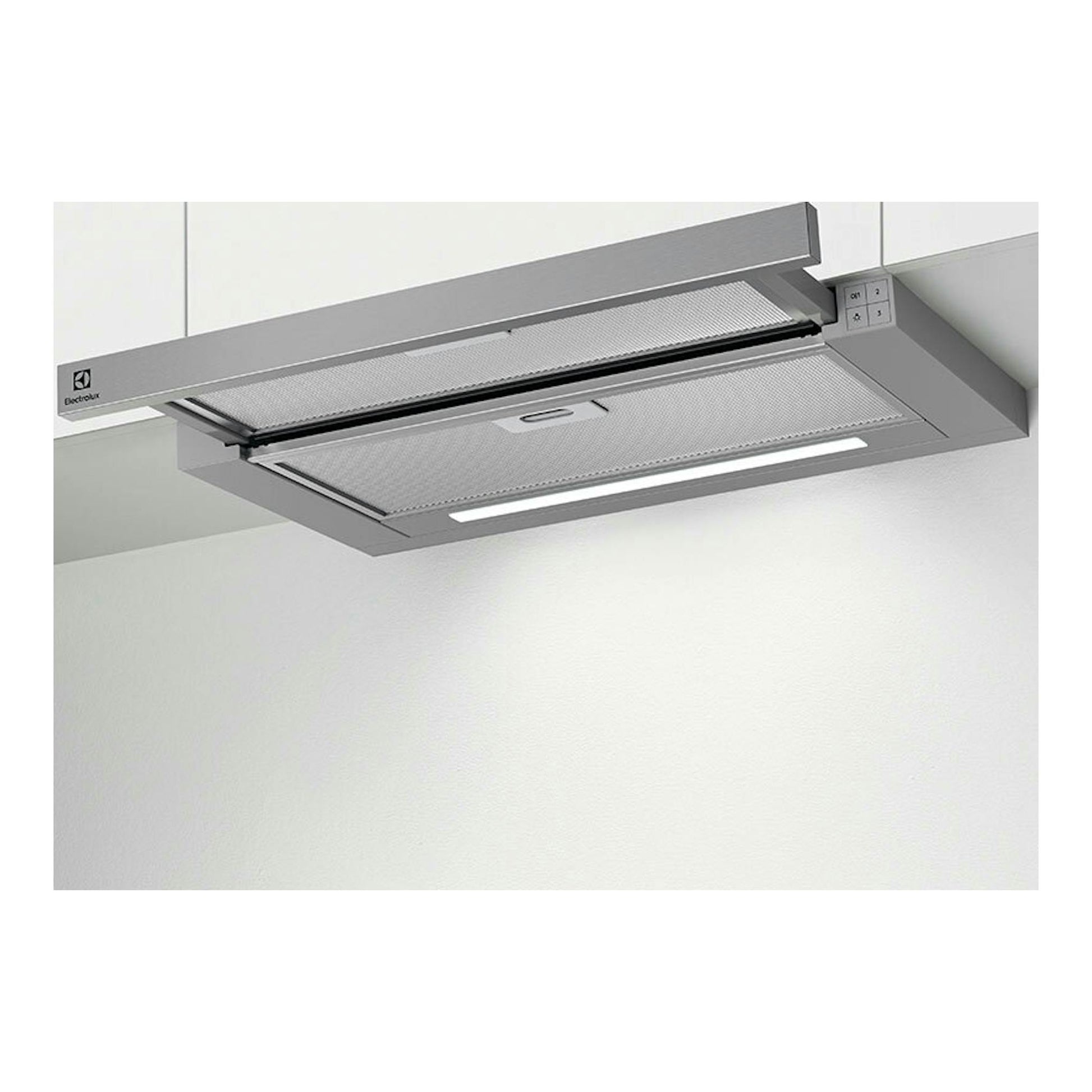 Campana extractora Electrolux LFP416X inox, vista inferior telescópica con iluminación LED.