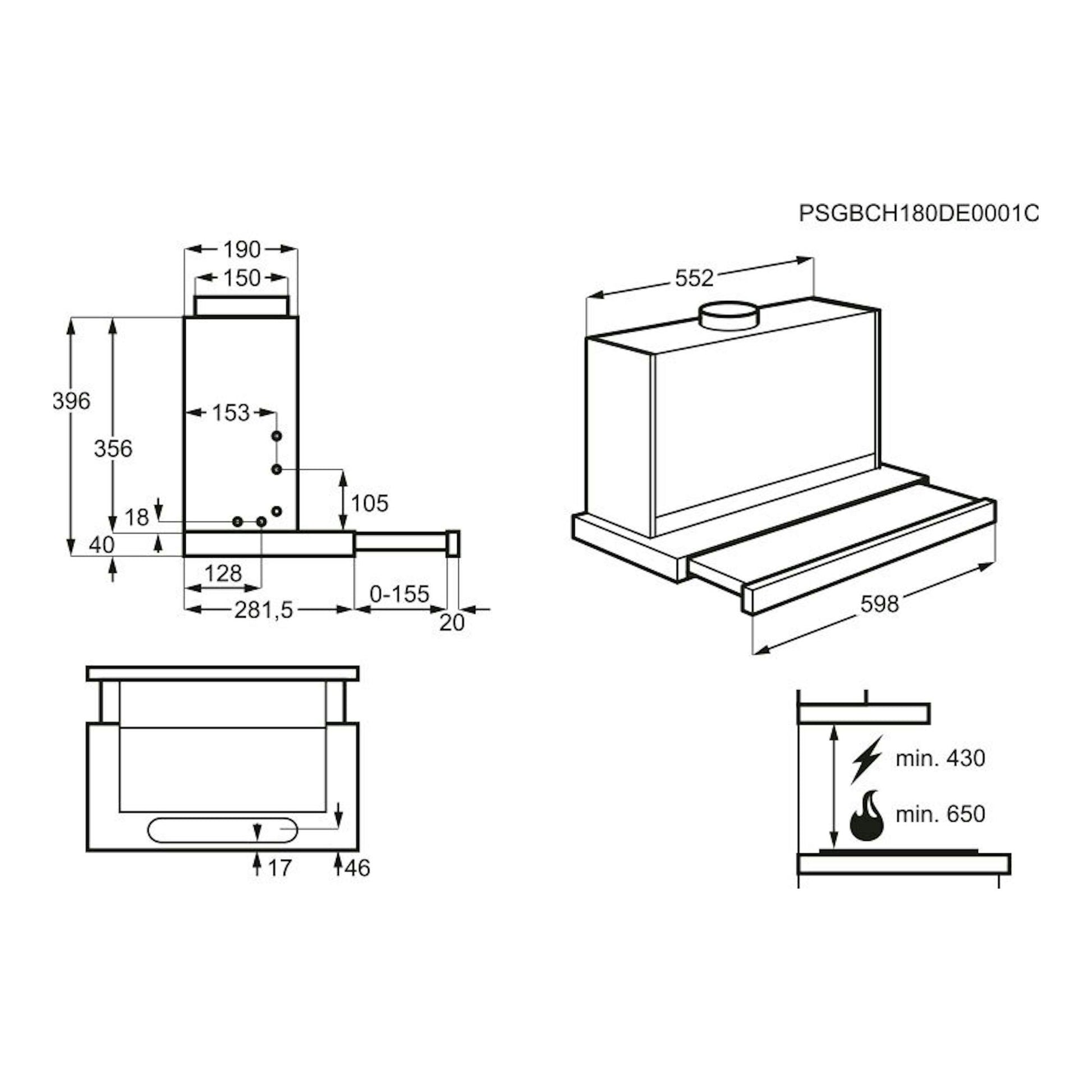 Campana Electrolux LFP416X en dibujo técnico, vista lateral y frontal, inox, con cotas y medidas.